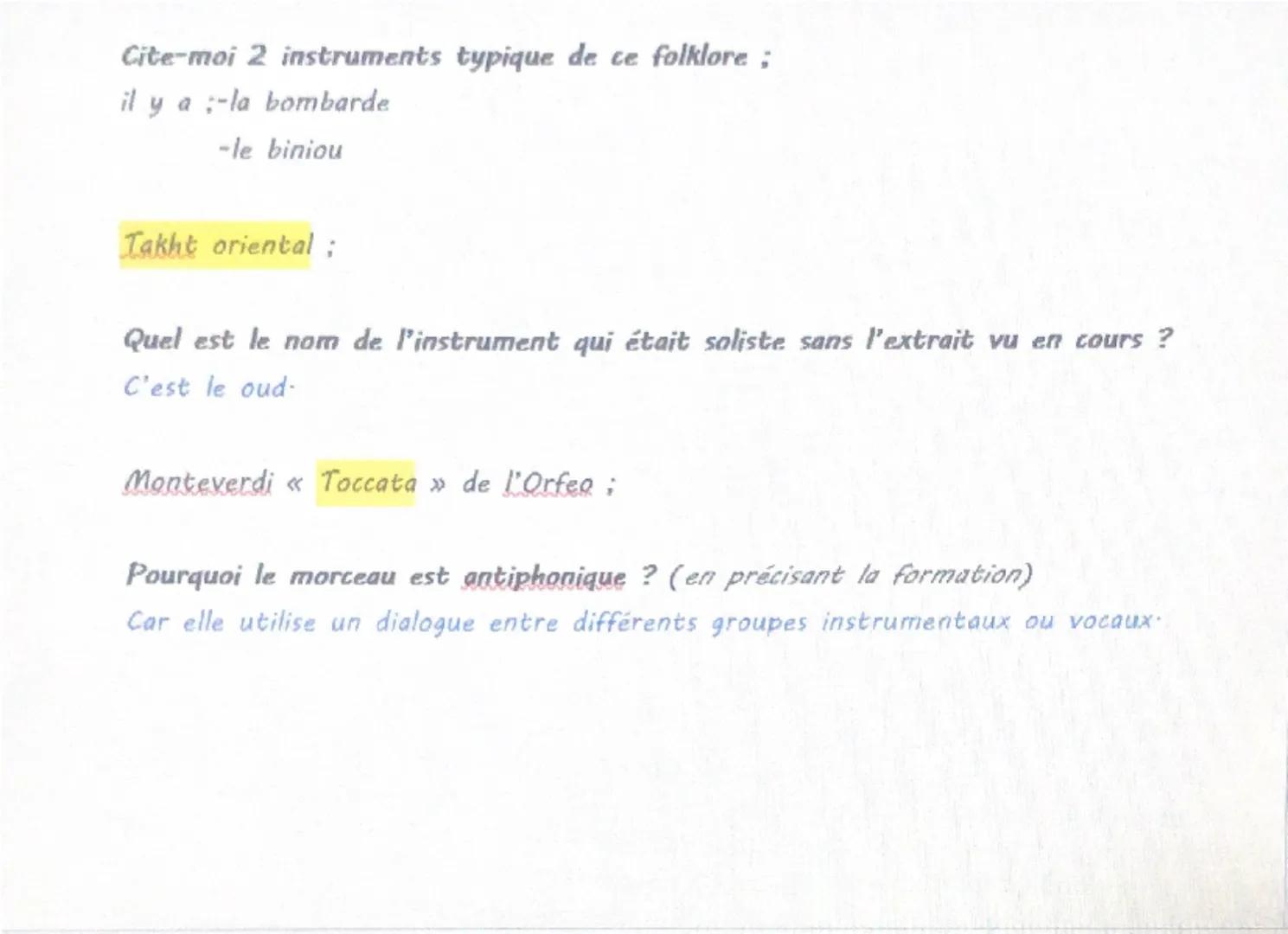 --- OCR Start ---
Fiche de révision:
Education Musicale
Ecoute inconnues
Quelle est la différence entre une musique responsorial et une musi