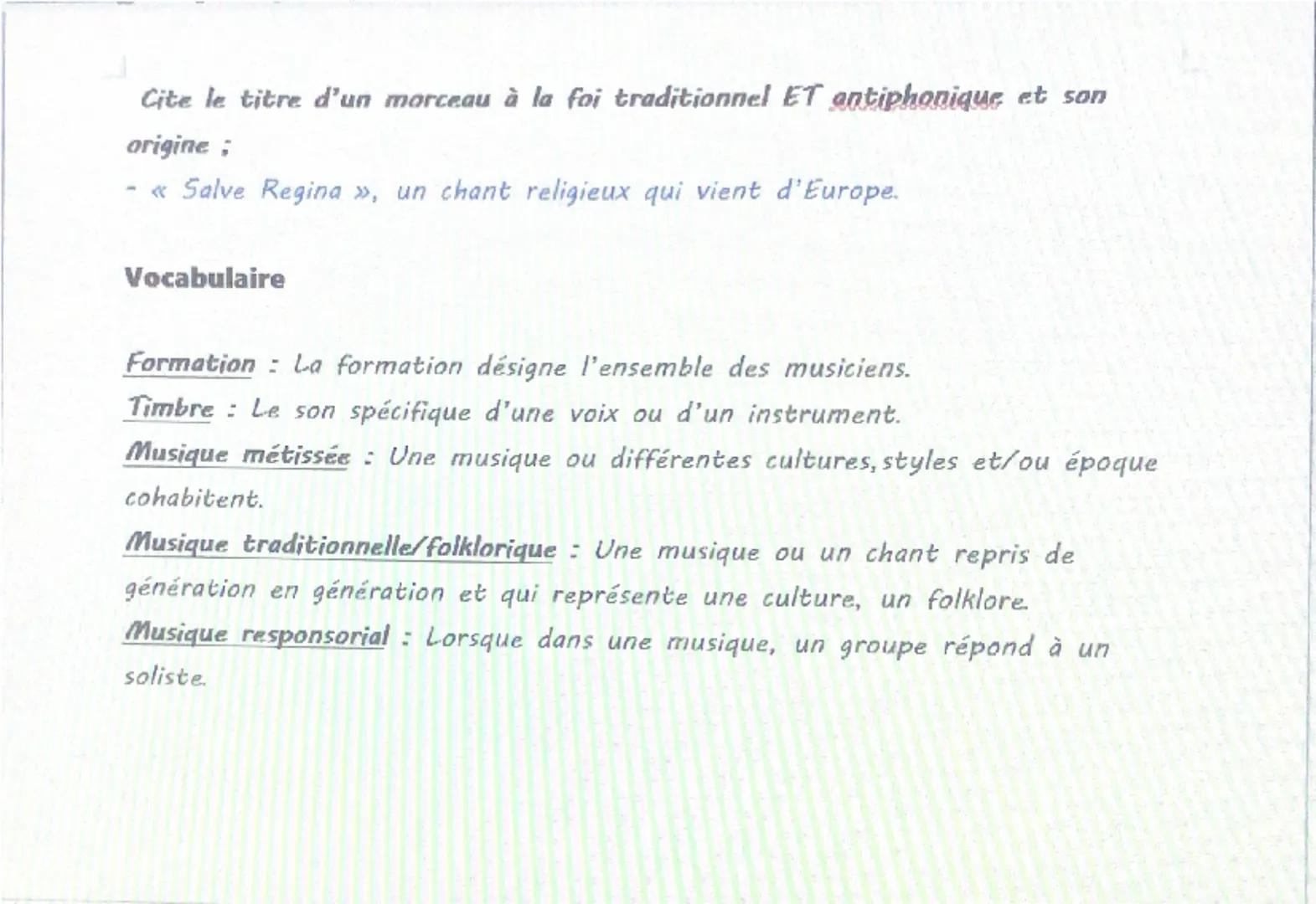 --- OCR Start ---
Fiche de révision:
Education Musicale
Ecoute inconnues
Quelle est la différence entre une musique responsorial et une musi