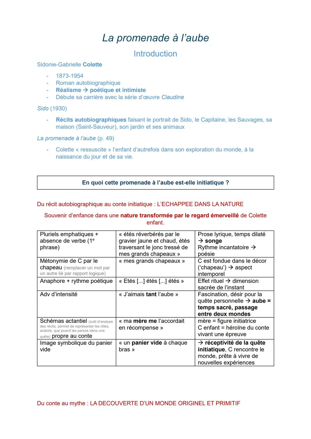 Analyse linéaire "Promenade à l'aube", Sido, Colette