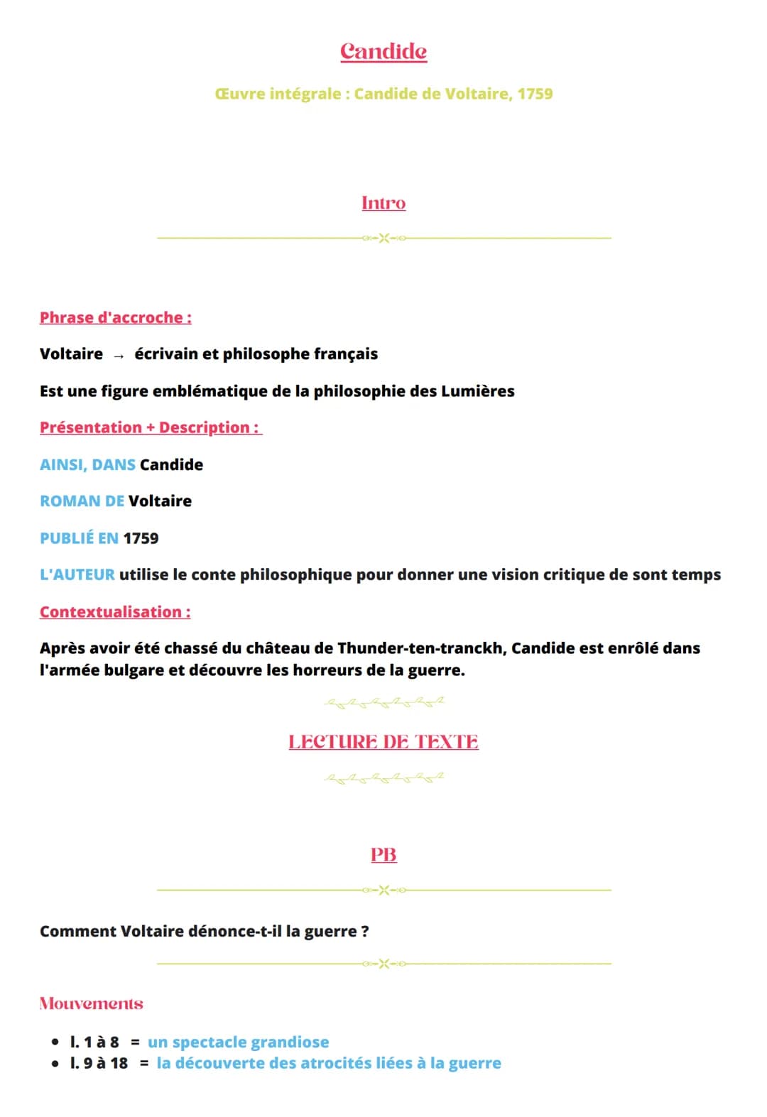 Candide
Œuvre intégrale: Candide de Voltaire, 1759
Intro
G-X-O
Phrase d'accroche :
Voltaire → écrivain et philosophe français
Est une figure