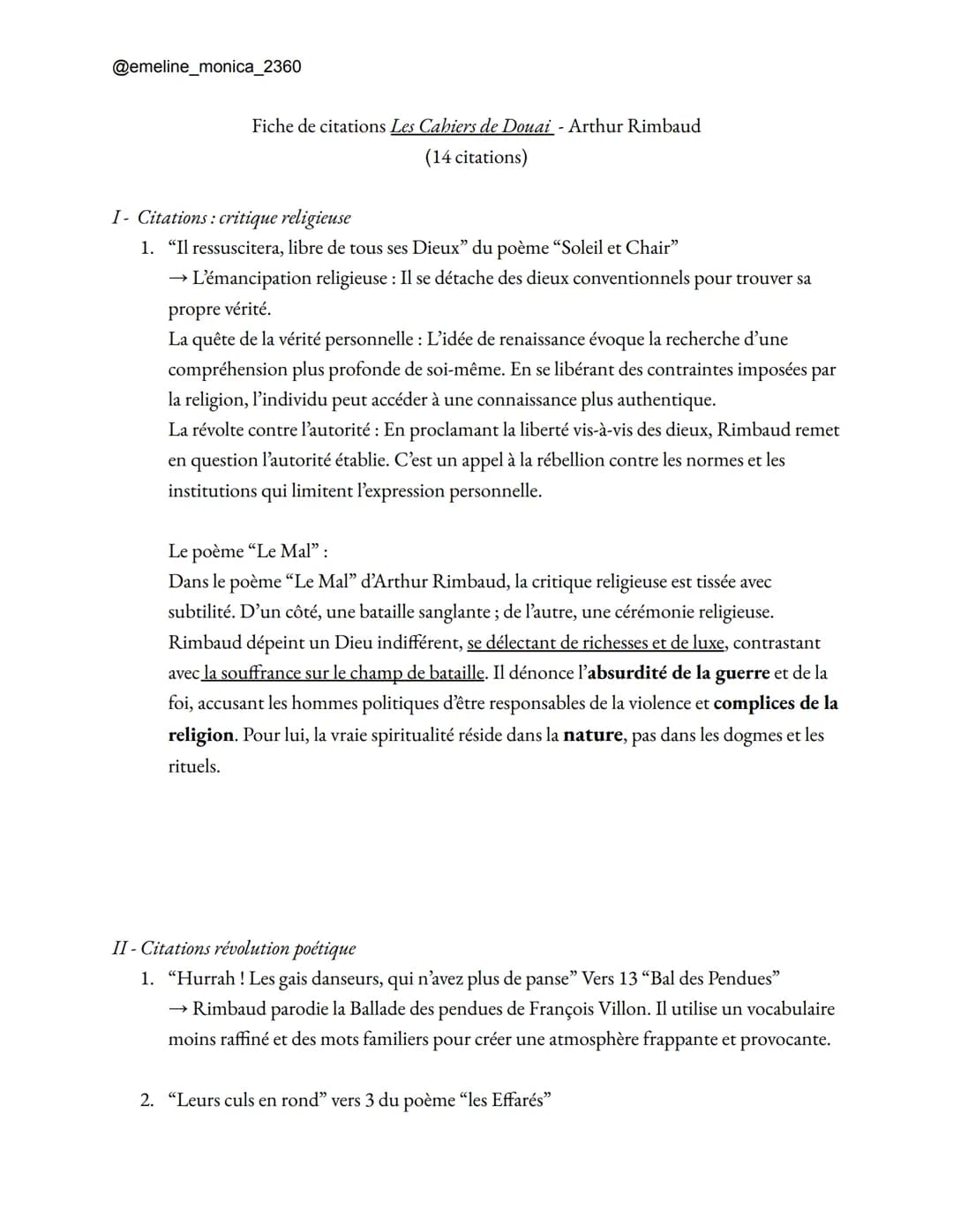 @emeline_monica_2360
Fiche de citations Les Cahiers de Douai - Arthur Rimbaud
(14 citations)
I- Citations: critique religieuse
1. "Il ressus
