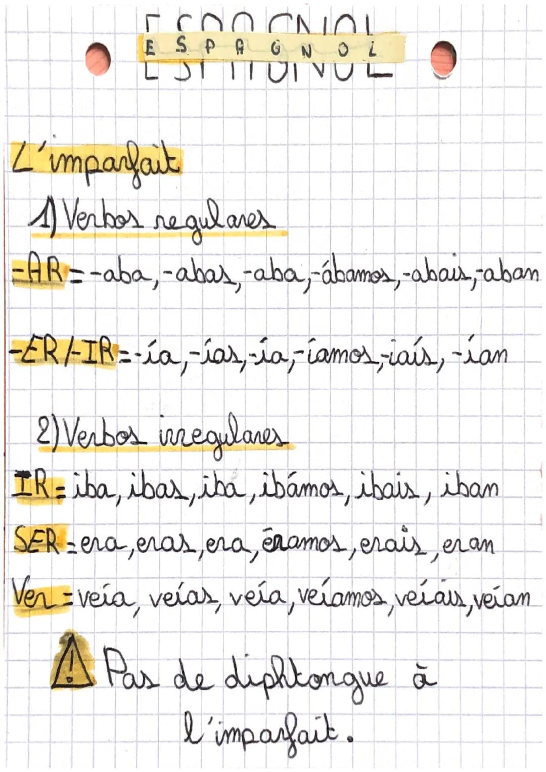# ESPAGNOL
ESTITUIVUL

L'imparfait

1) Verbos regulares

-AR=-aba, -abas, -aba,-ábamos, -abais, aban

-ER/-IR=-ía,-ías,-ía, íamos, caís, -ia