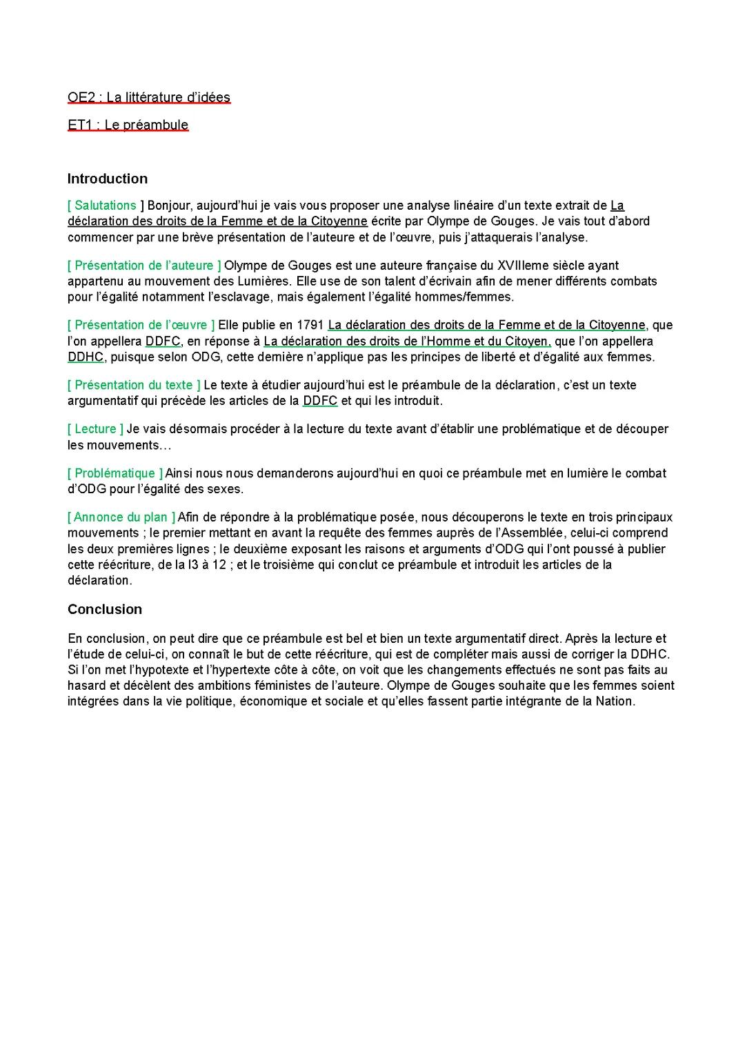 Préambule Olympe de Gouges analyse linéaire PDF - Déclaration des droits de la femme et de la citoyenne