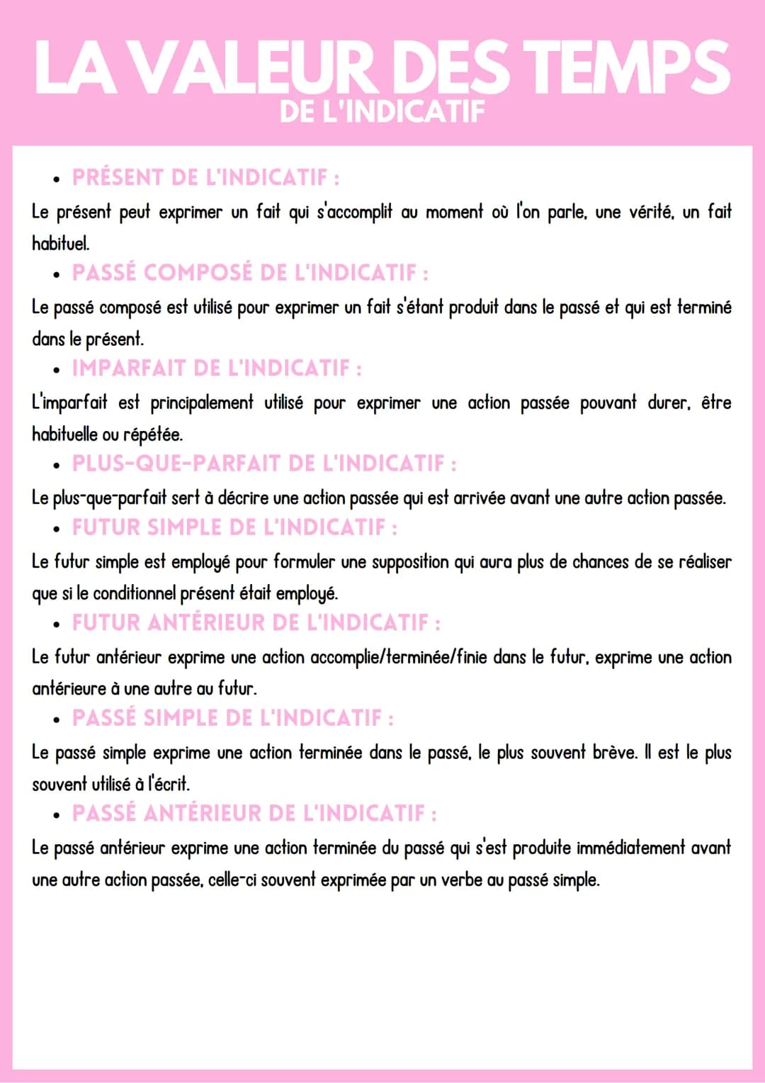 LA VALEUR DES TEMPS
DE L'INDICATIF
PRÉSENT DE L'INDICATIF :
Le présent peut exprimer un fait qui s'accomplit au moment où l'on parle, une vé
