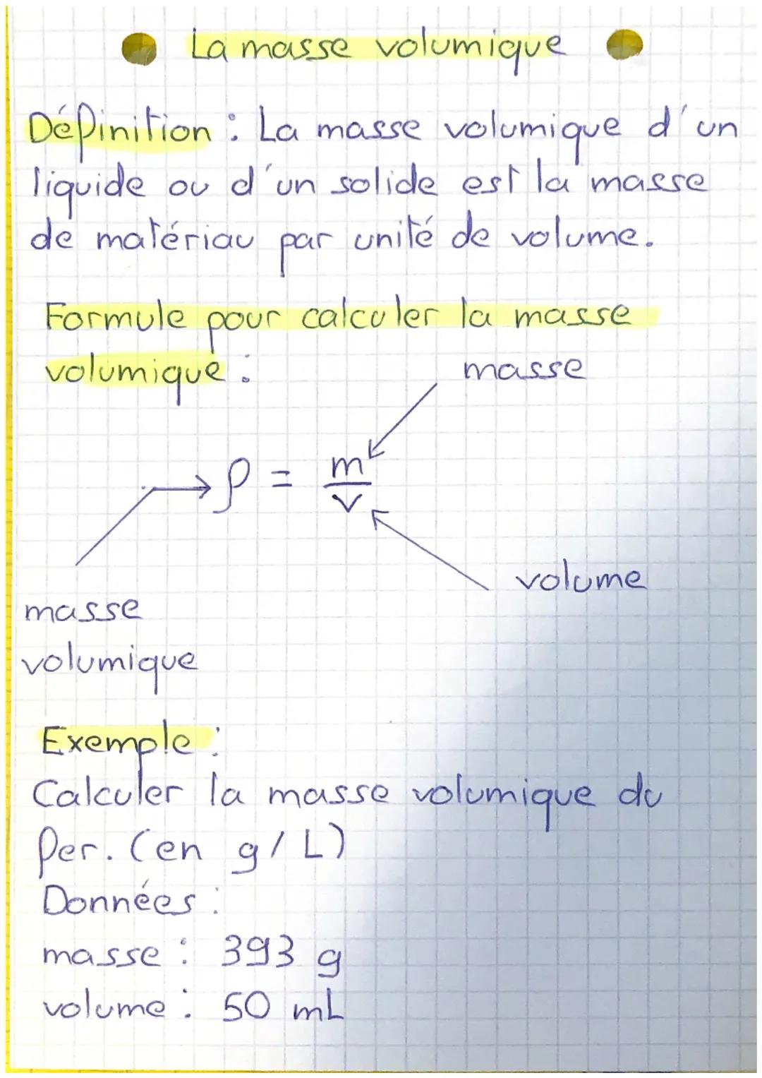 La masse volumique
Définition : La masse
liquide
masse volumique
ou d'un solide est la masse
unité de volume.
par
de matériau
Formule
volumi