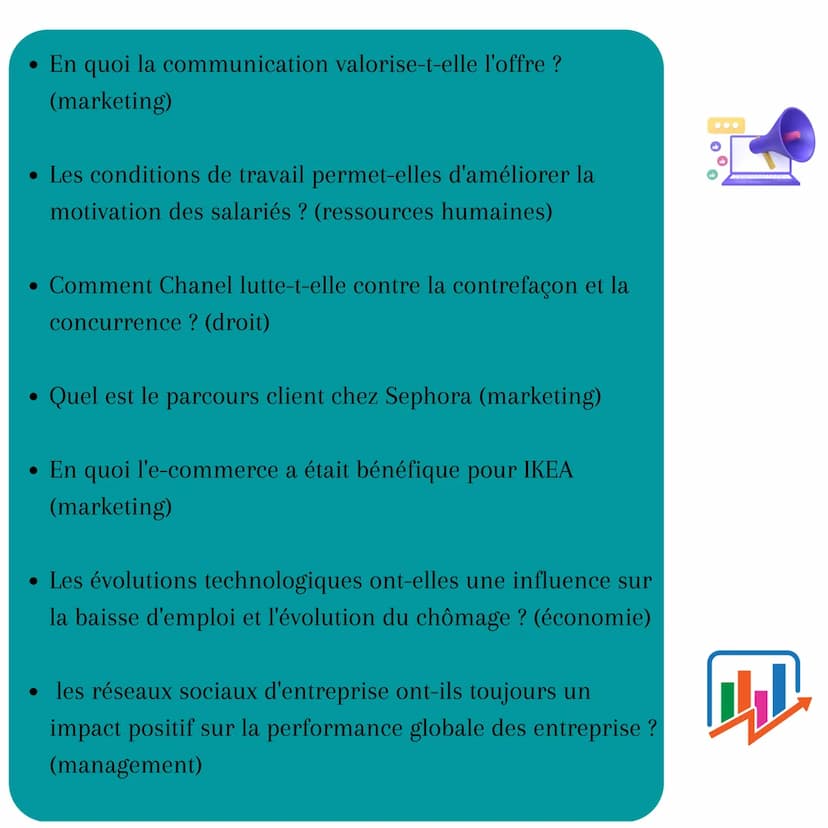 19 Sujet de Grand Oral
STMG
17 • En quoi la communication valorise-t-elle l'offre ?
(marketing)
• Les conditions de travail permet-elles d'a