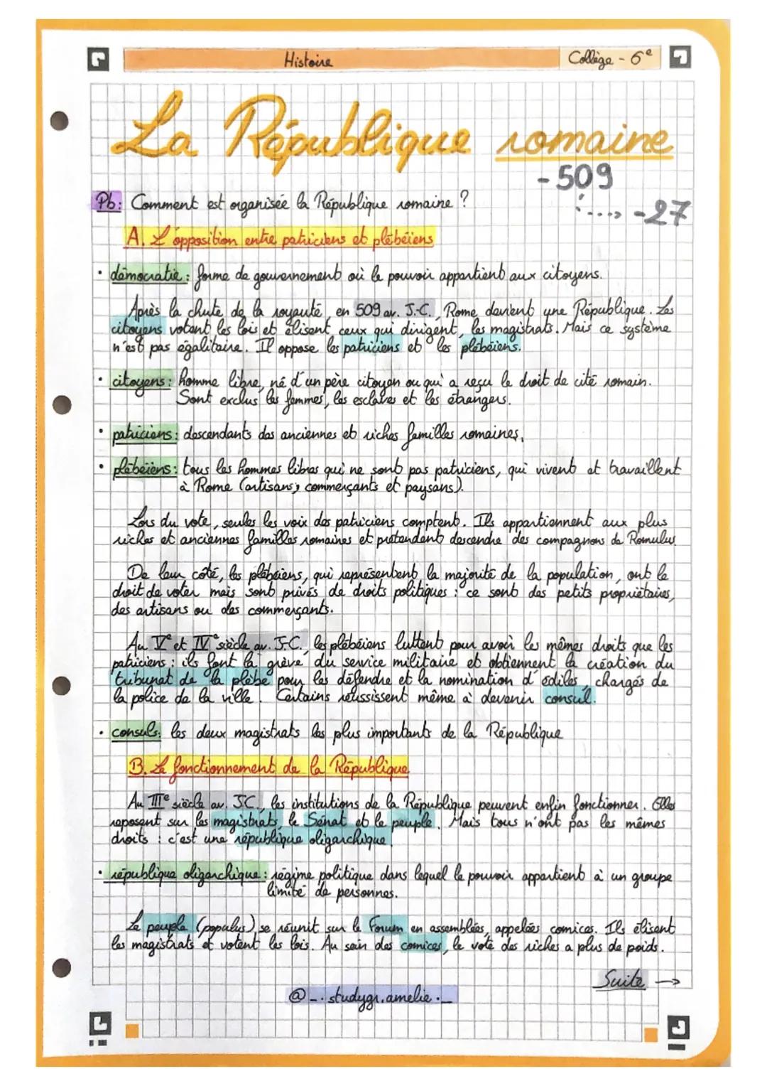 .
●
Histoire
?
Pb: Comment est organisée la République romaine.
A. L'opposition entre patriciens et plébeïens
·démocratie: forme de gouverne