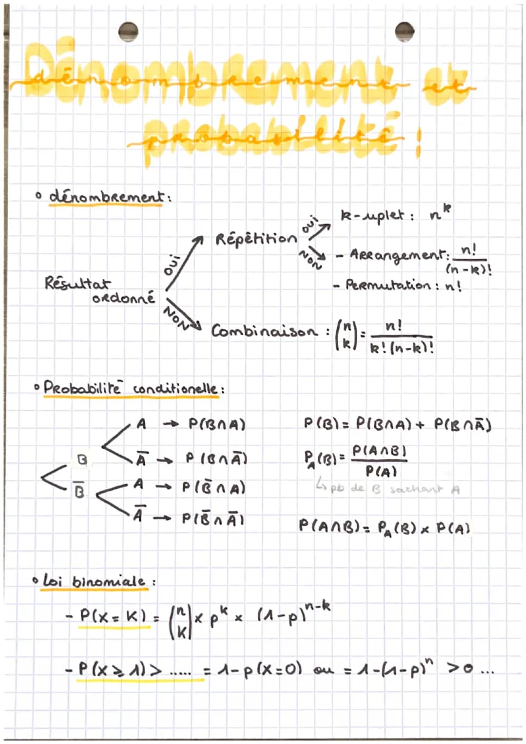 denam pecment
• dénombrement:
Resultat
Ordonné
°
Ουί
NON
Répétition
ουι
NON
k-uplet: nk
- ARRangement:.
-
n!
(n-k)!
• Permutation: n!
Combin