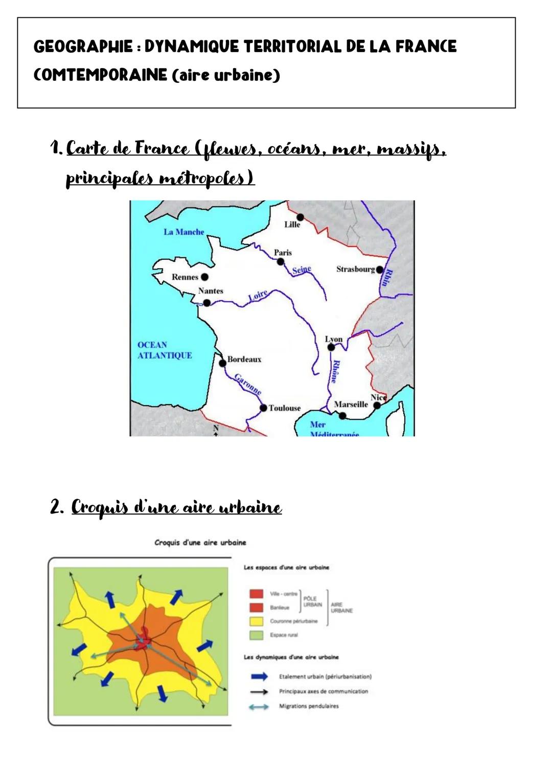 GEOGRAPHIE : DYNAMIQUE TERRITORIAL DE LA FRANCE
COMTEMPORAINE (aire urbaine)
1. Carte de France (fleuves, océans, mer, massifs,
principales 