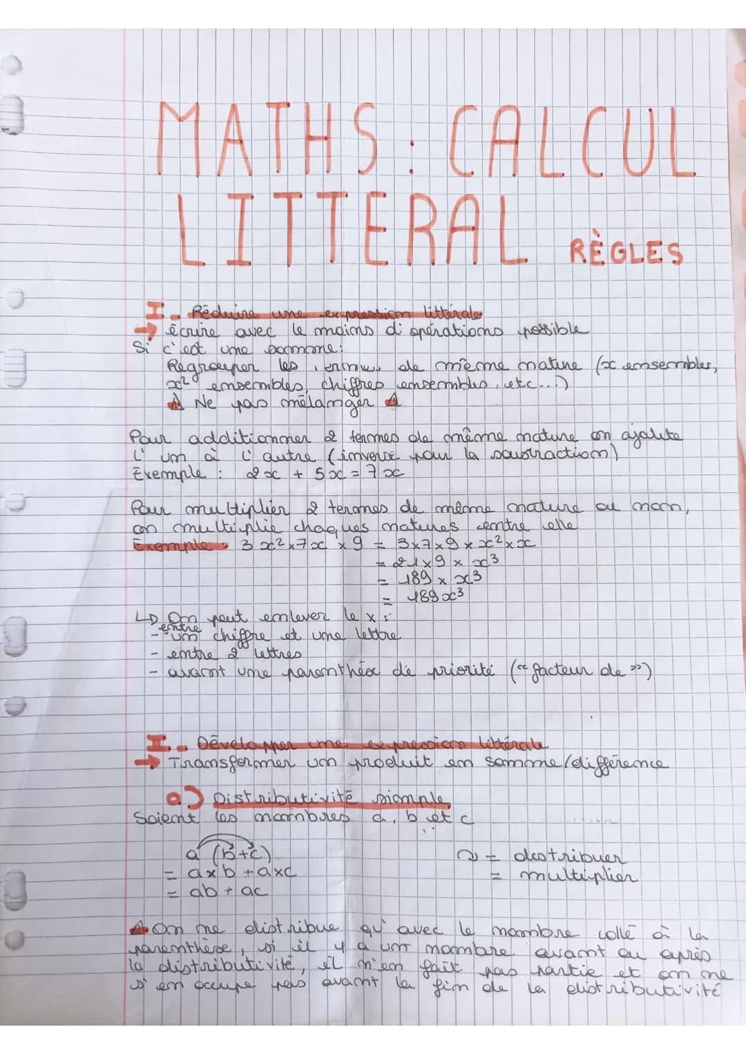 3
J
J
MATHS: CALCUL
LITTERAL REGLES
Réduire une expression littérale
écrire avec le moins d'opérations possible
Si c'est une bormone:
Regrou
