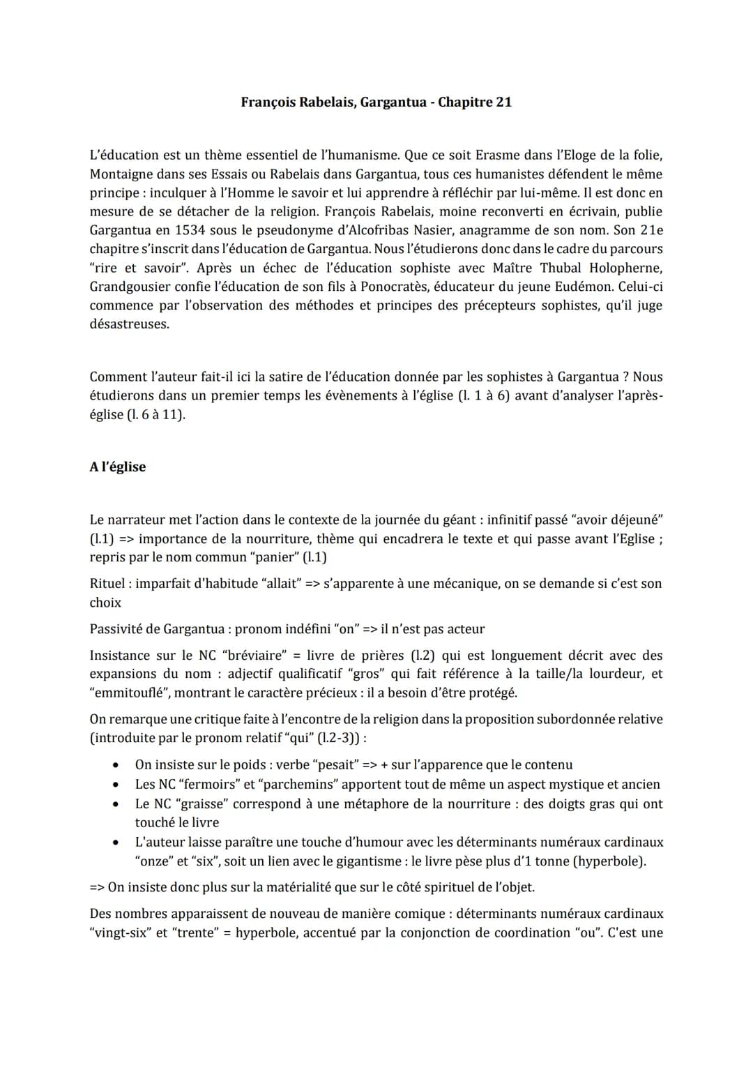 Analyse linéaire Gargantua chapitre 21 