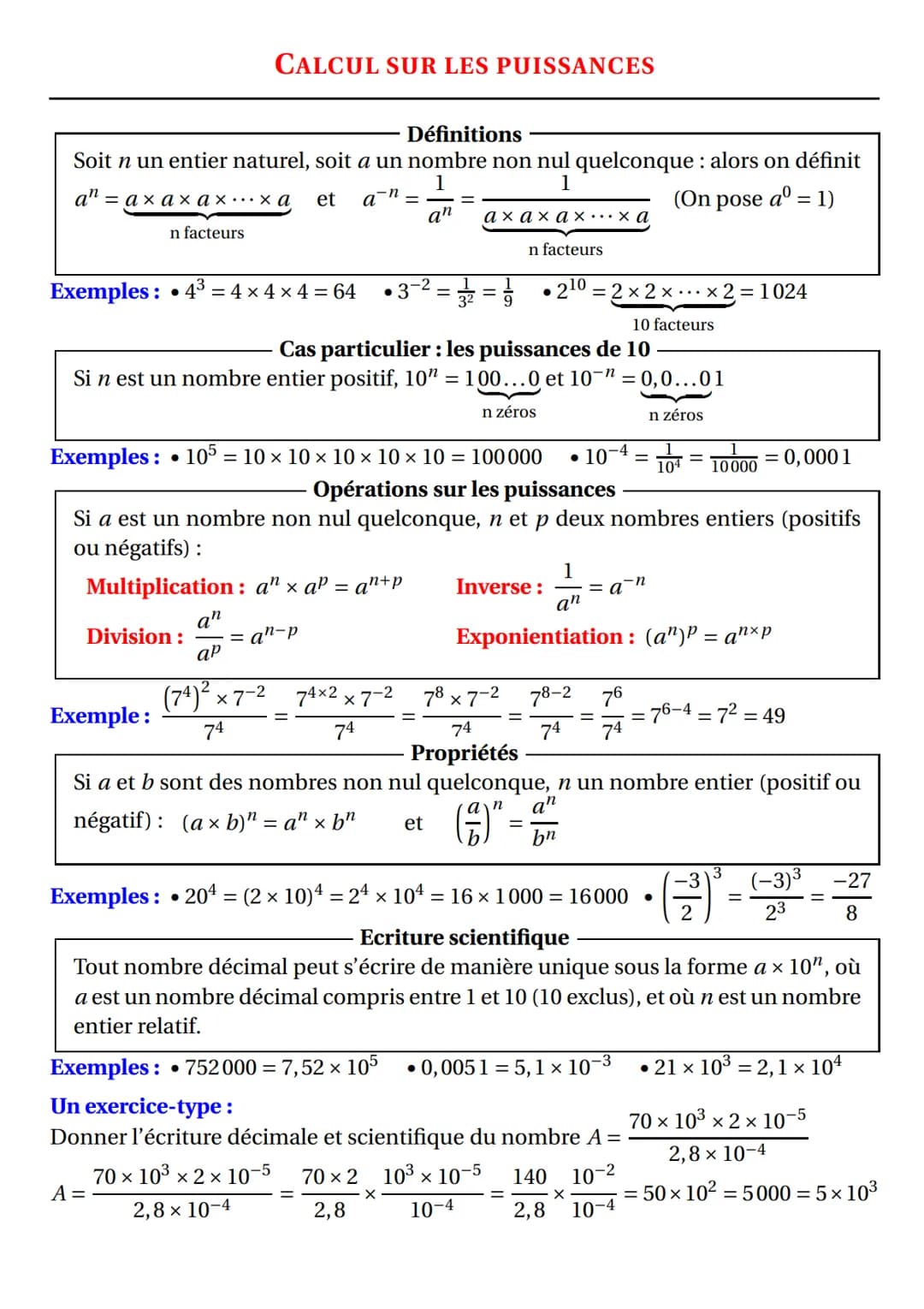 Définitions
Soit n un entier naturel, soit a un nombre non nul quelconque : alors on définit
1
1
et a¯n=
(On pose aº = 1)
an
an=axaxax...xa

