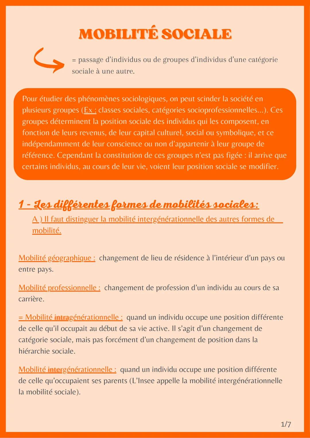 # MOBILITÉ SOCIALE

= passage d'individus ou de groupes d'individus d'une catégorie
sociale à une autre.

Pour étudier des phénomènes sociol