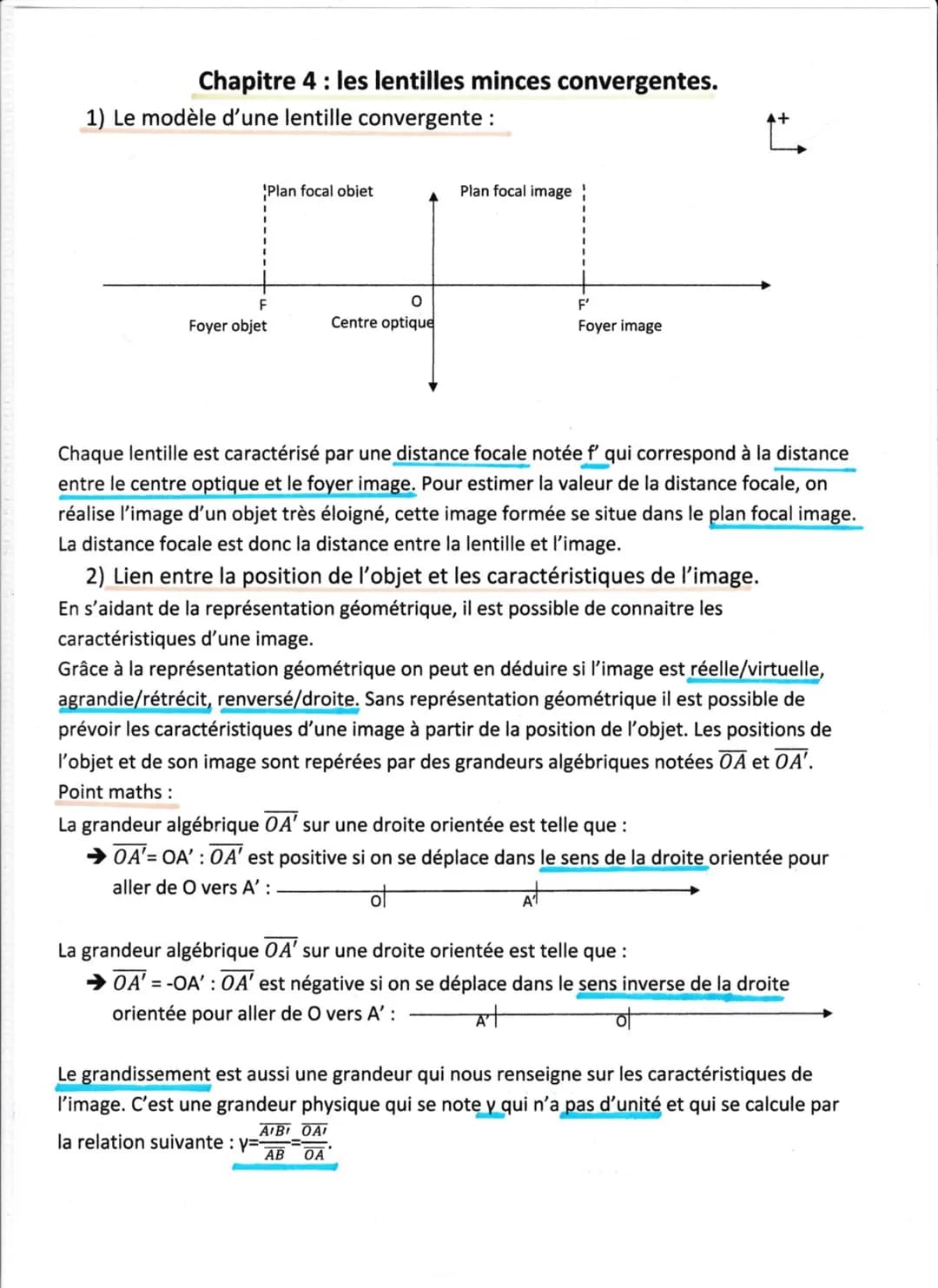Chapitre 4 : les lentilles minces convergentes.
1) Le modèle d'une lentille convergente:
Plan focal obiet
I
F
Foyer objet
O
Centre optique
P