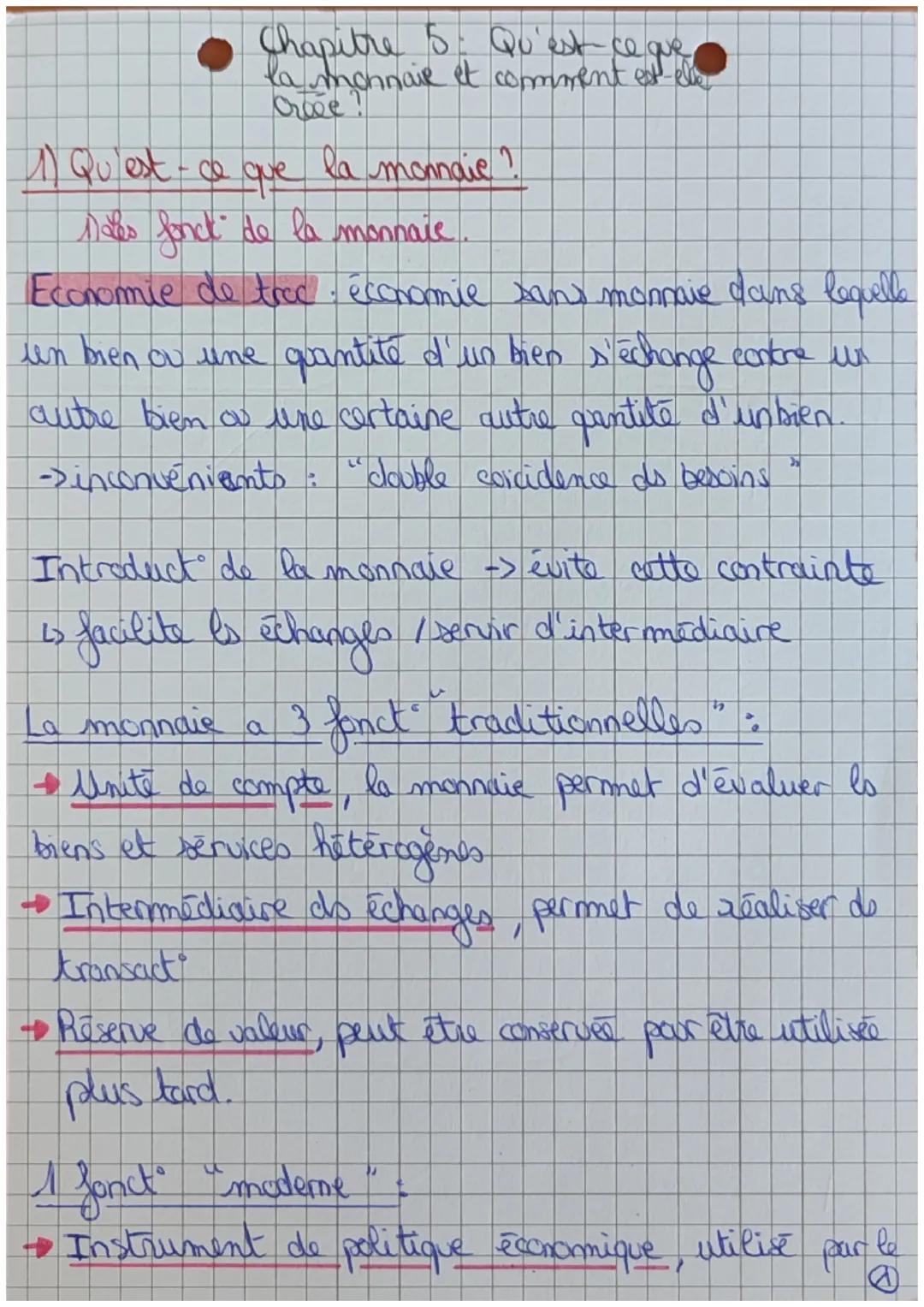 Chapitre 5. Qu'est-ce que
la monnaie et comment et elle
es
Oriée ?
1) Qu'est-ce que la monnaie?
Does fonct de la monnaie
Economie de trec éc