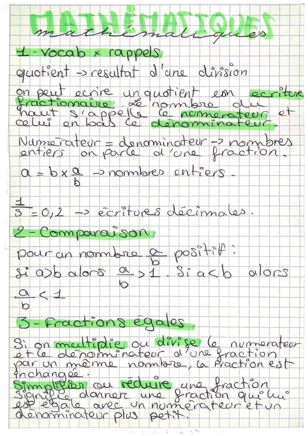 MATHEMATIQUES
ma
1- Vocab x rappels.
quotient → resultat d'ane division.
on peut ecrire un quotient con ecriture
fractionaire. Le nombre
سے
