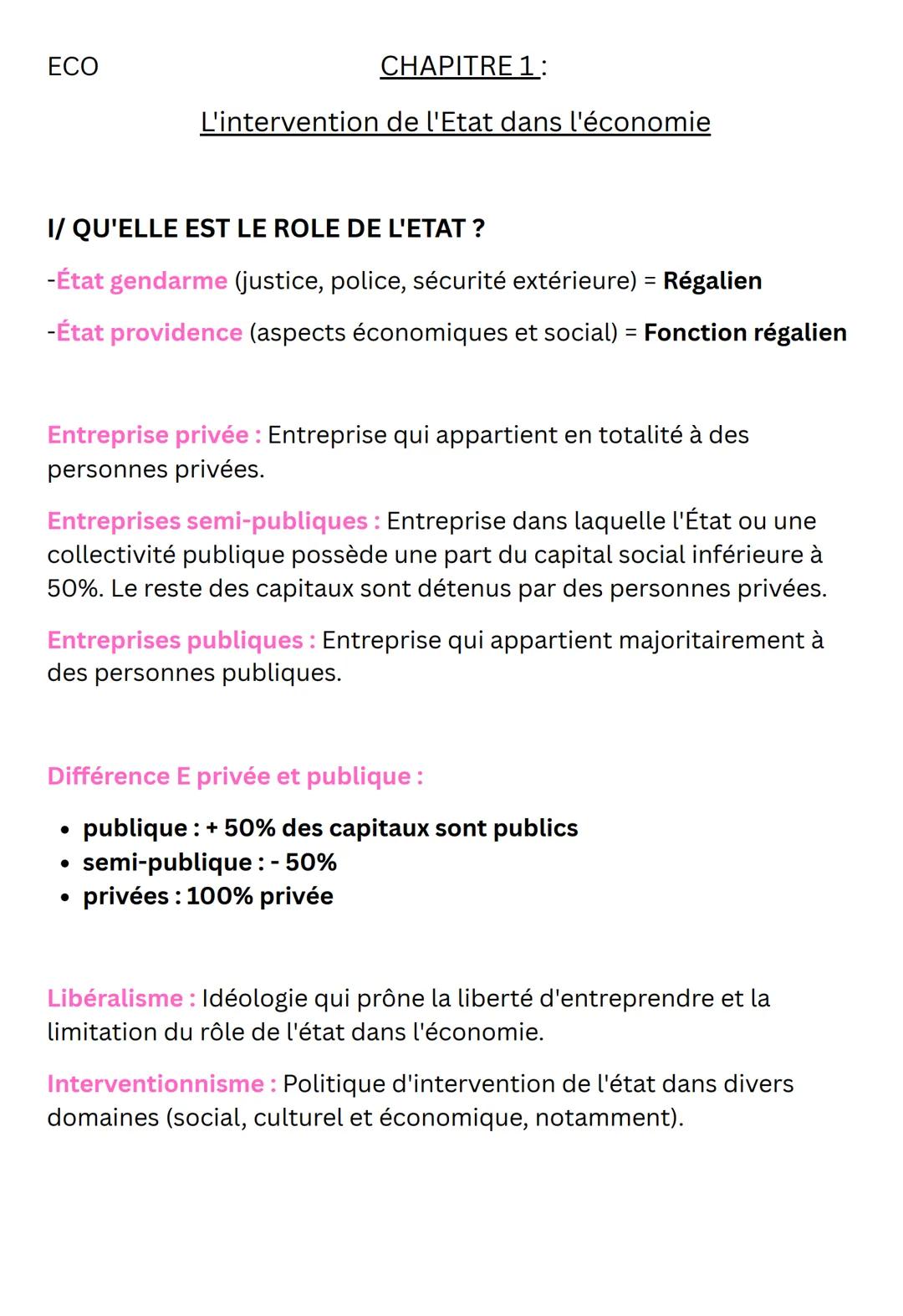 ECO
CHAPITRE 1:
L'intervention de l'Etat dans l'économie
I/ QU'ELLE EST LE ROLE DE L'ETAT?
-État gendarme (justice, police, sécurité extérie