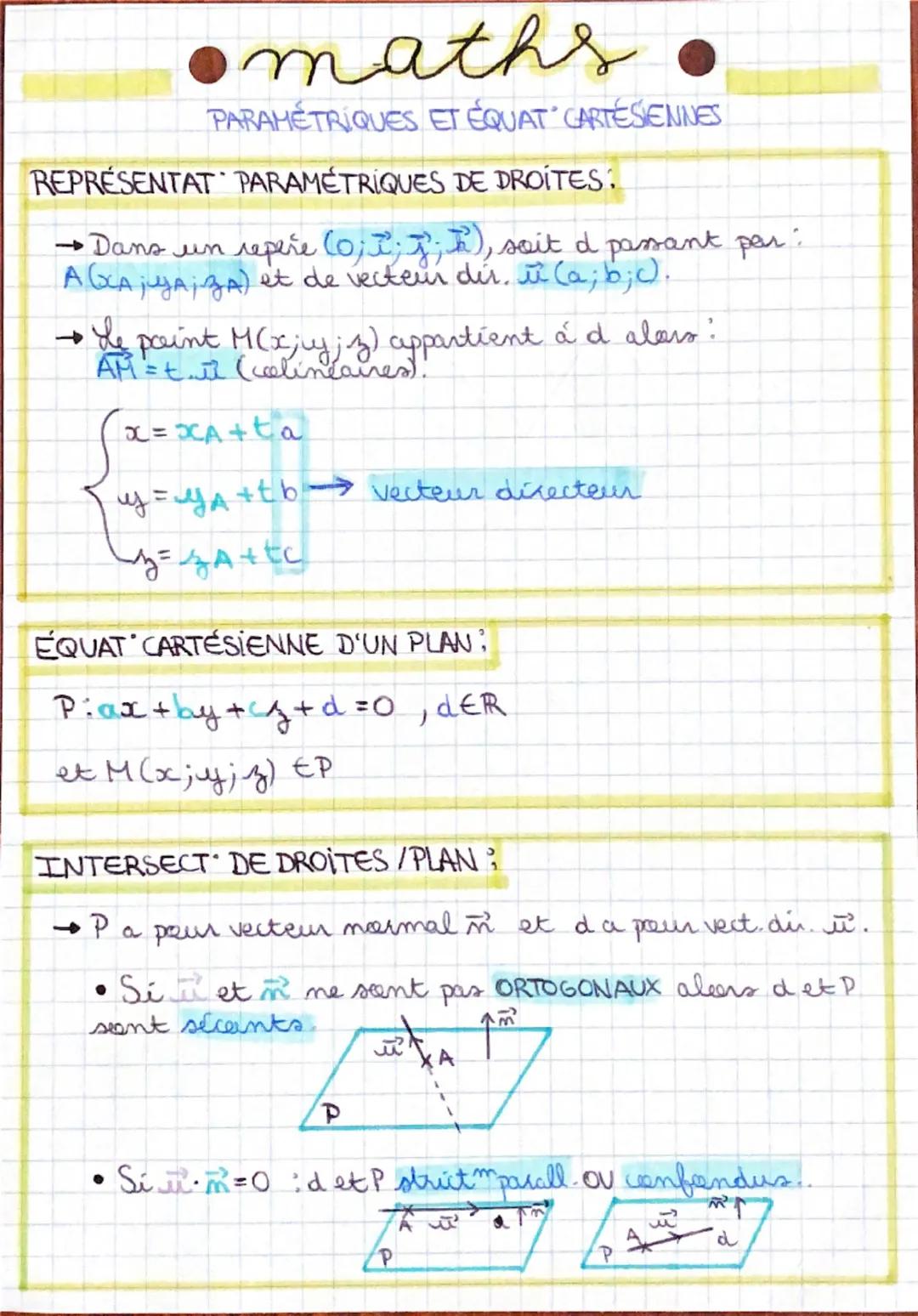 # maths
PARAMÉTRIQUES ET ÉQUAT CARTÉSIENNES
REPRÉSENTAT PARAMÉTRIQUES DE DROITES:
→Dans un repere (0;$\,\overrightarrow{i};\overrightarrow{j