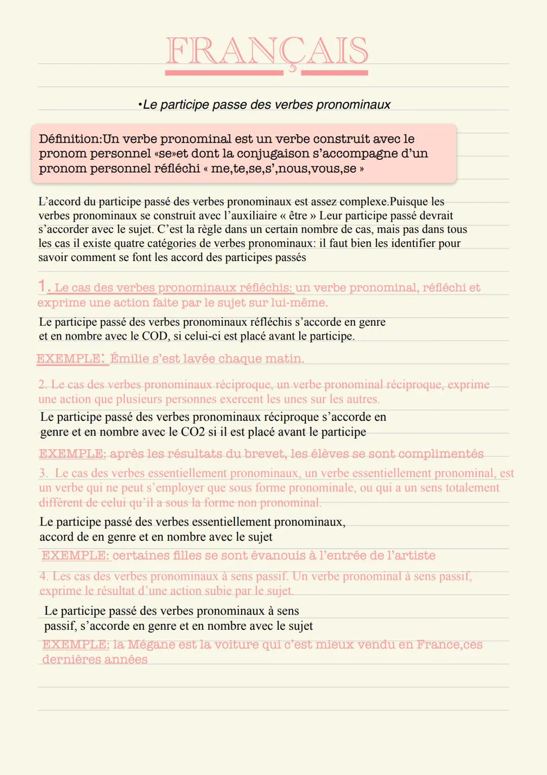FRANÇAIS
•Le participe passe des verbes pronominaux
Définition: Un verbe pronominal est un verbe construit avec le
pronom personnel «se»et d