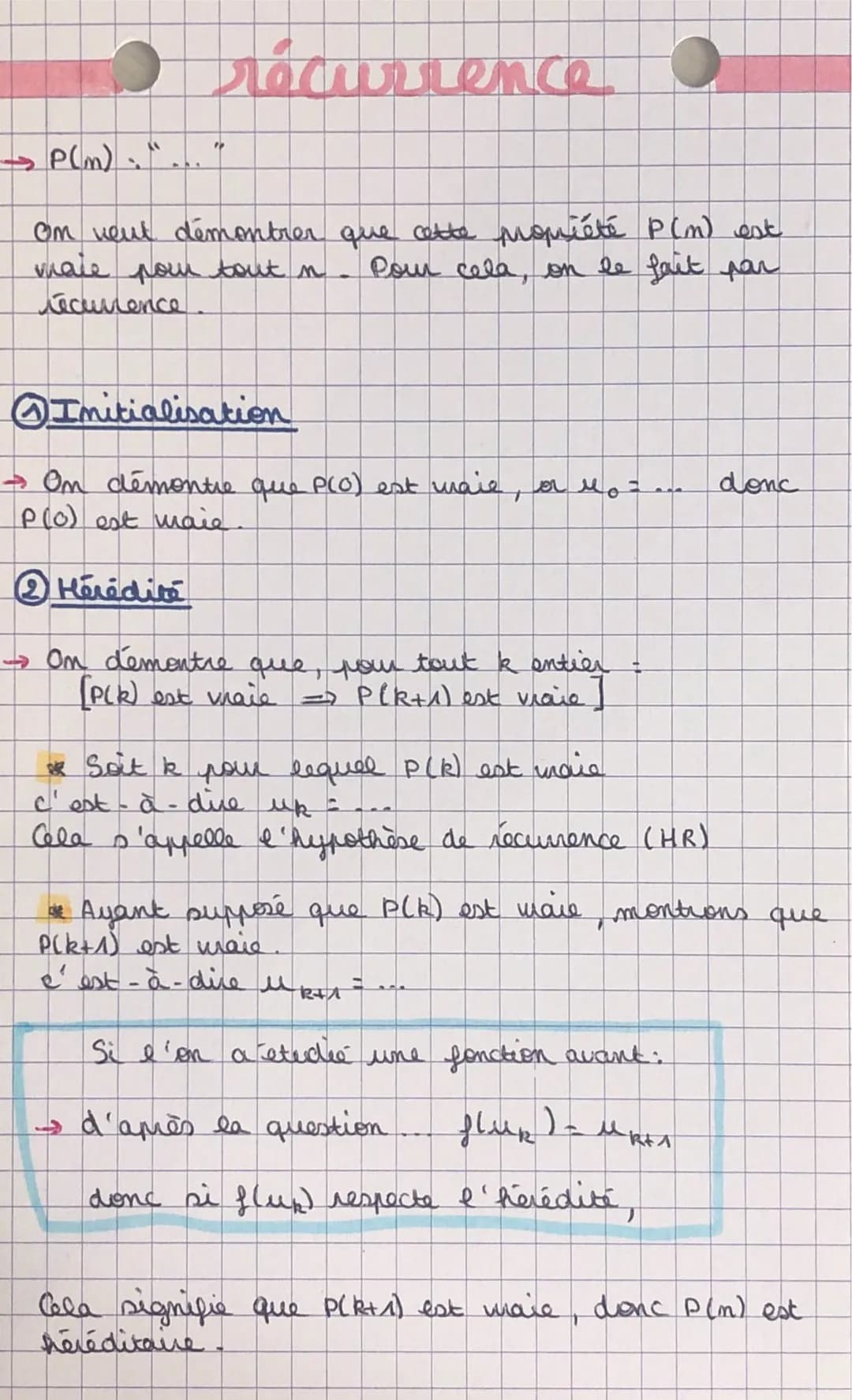 10
récurrence.
P(m) . "...
Om veut démontrer que cette propriété P(m) est
male pour tout n
Pour cela, on le fait par
récurrence
Initialisati