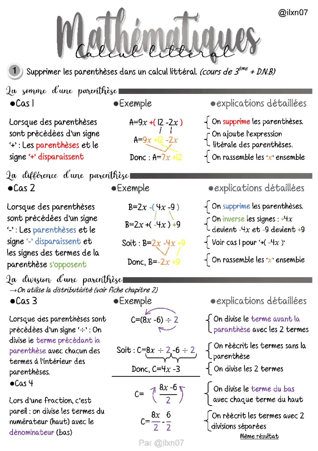 Comment Supprimer les Parenthèses en Calcul Littéral - 3ème et 4ème Exemples Corrigés PDF