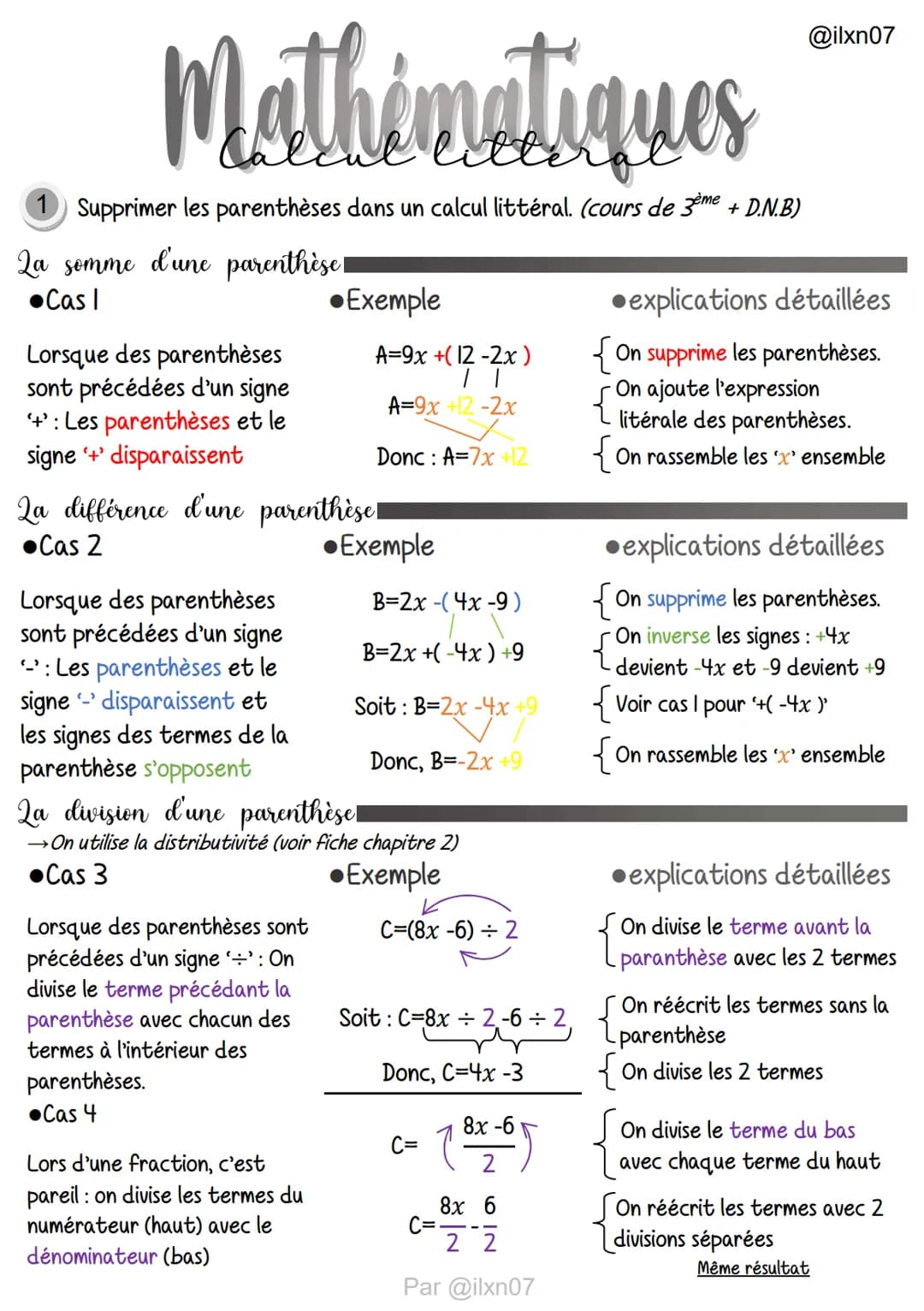 Mathématiques
1 Supprimer les parenthèses dans un calcul littéral. (cours de 3ème + D.N.B)
La somme d'une parenthèse!
●Cas I
Lorsque des par