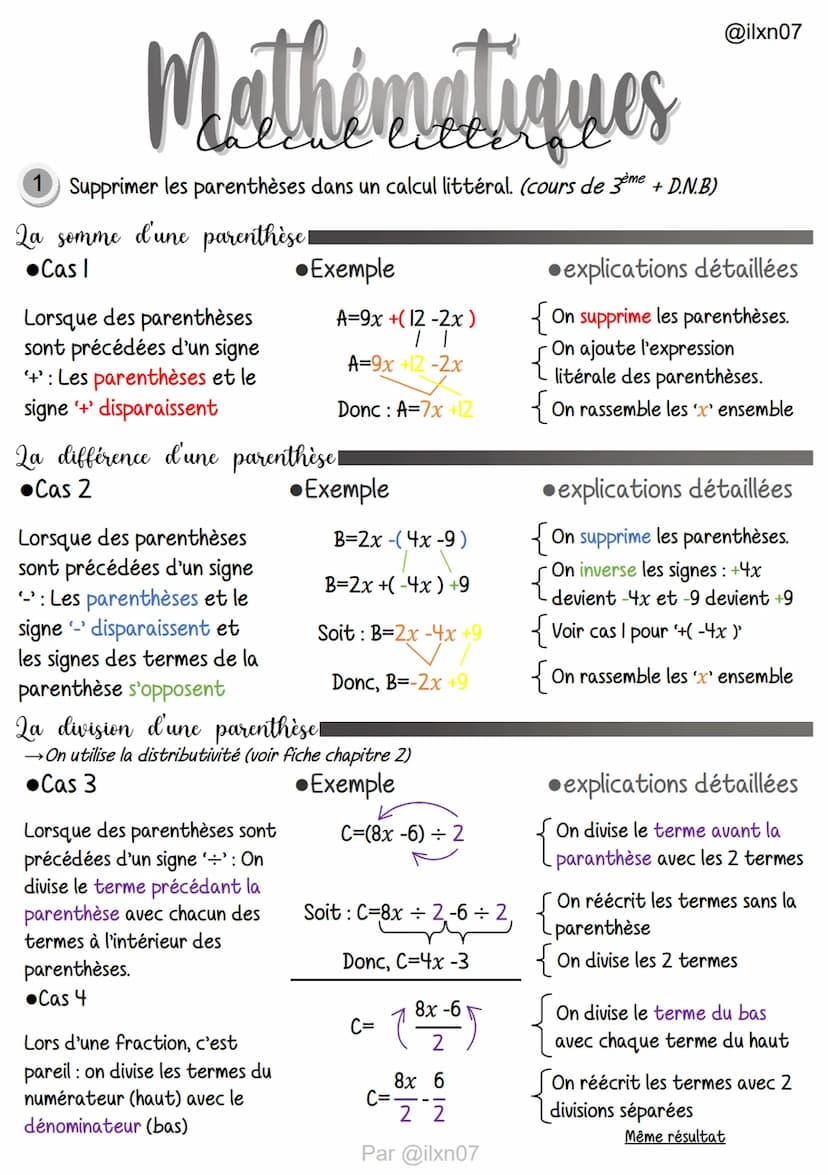 Mathématiques
1 Supprimer les parenthèses dans un calcul littéral. (cours de 3ème + D.N.B)
La somme d'une parenthèse!
●Cas I
Lorsque des par