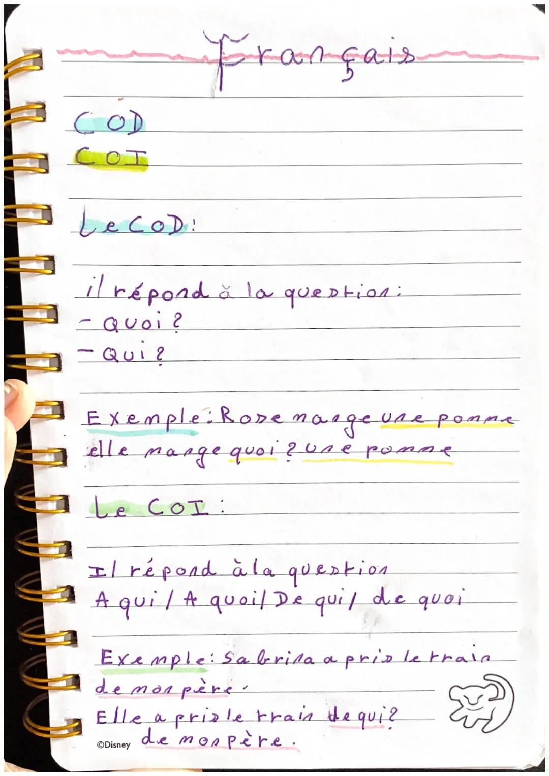 Français

COD
COI

Le COD:

il répond à la question:
- quoi?
- Qui?

Exemple: Rose mange une pomme
elle mange quoi? une pomme

Le COI:

Il r