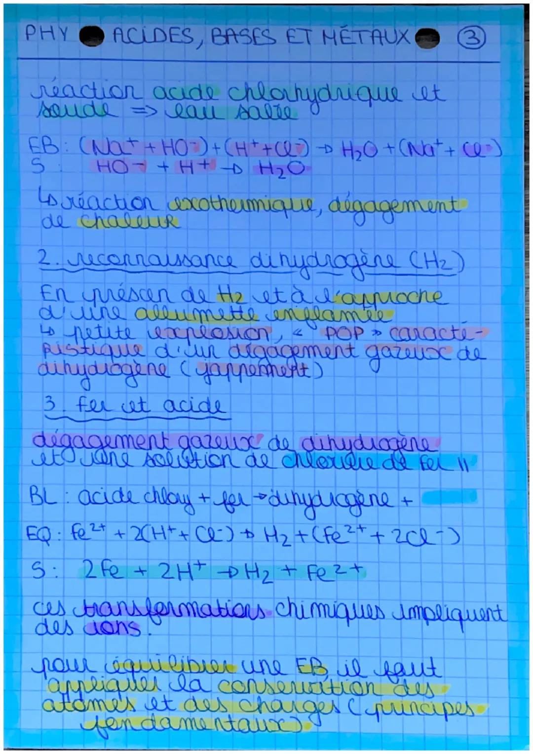 PHY
ACIDES, BASES ET MÉTAUX
réaction acide chlorhydrique et
soude => lau salte
EB: (Na++HO) + (H++Q) → H₂O + (Na+ + (-)
S
HO- + H+ H₂O
Is ré