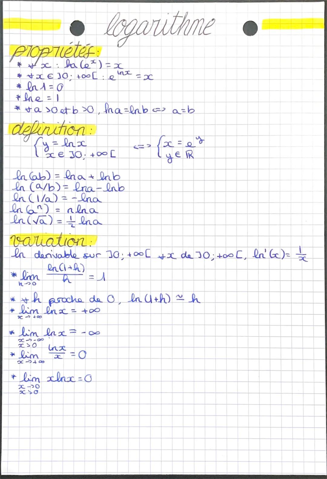 # logarithme

## propriétés
* x: la ($e^x$) = x
* $\forall$ x $\in$ ]0; +$\infty$ [: $e^{lnx}$ = x
* ln1=0
* Ine = 1
* $\forall$ a >0 et b>0