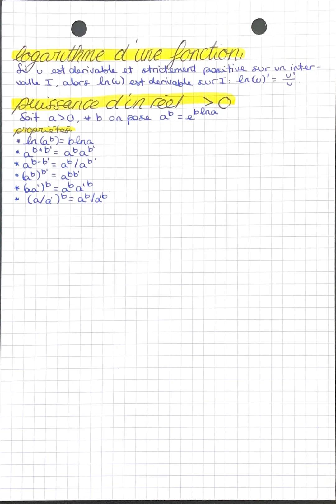 # logarithme

## propriétés
* x: la ($e^x$) = x
* $\forall$ x $\in$ ]0; +$\infty$ [: $e^{lnx}$ = x
* ln1=0
* Ine = 1
* $\forall$ a >0 et b>0