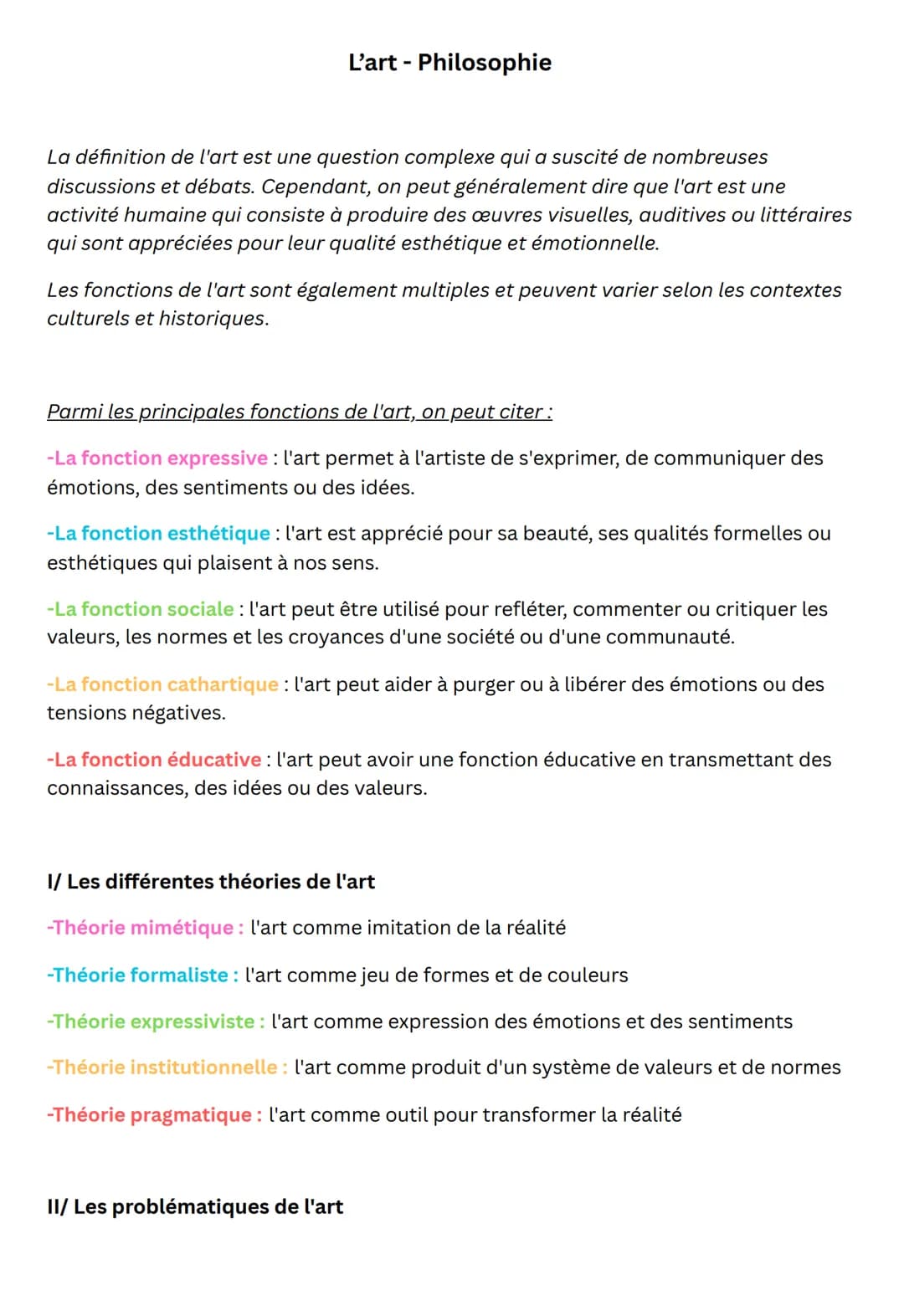 L'art - Philosophie
La définition de l'art est une question complexe qui a suscité de nombreuses
discussions et débats. Cependant, on peut g