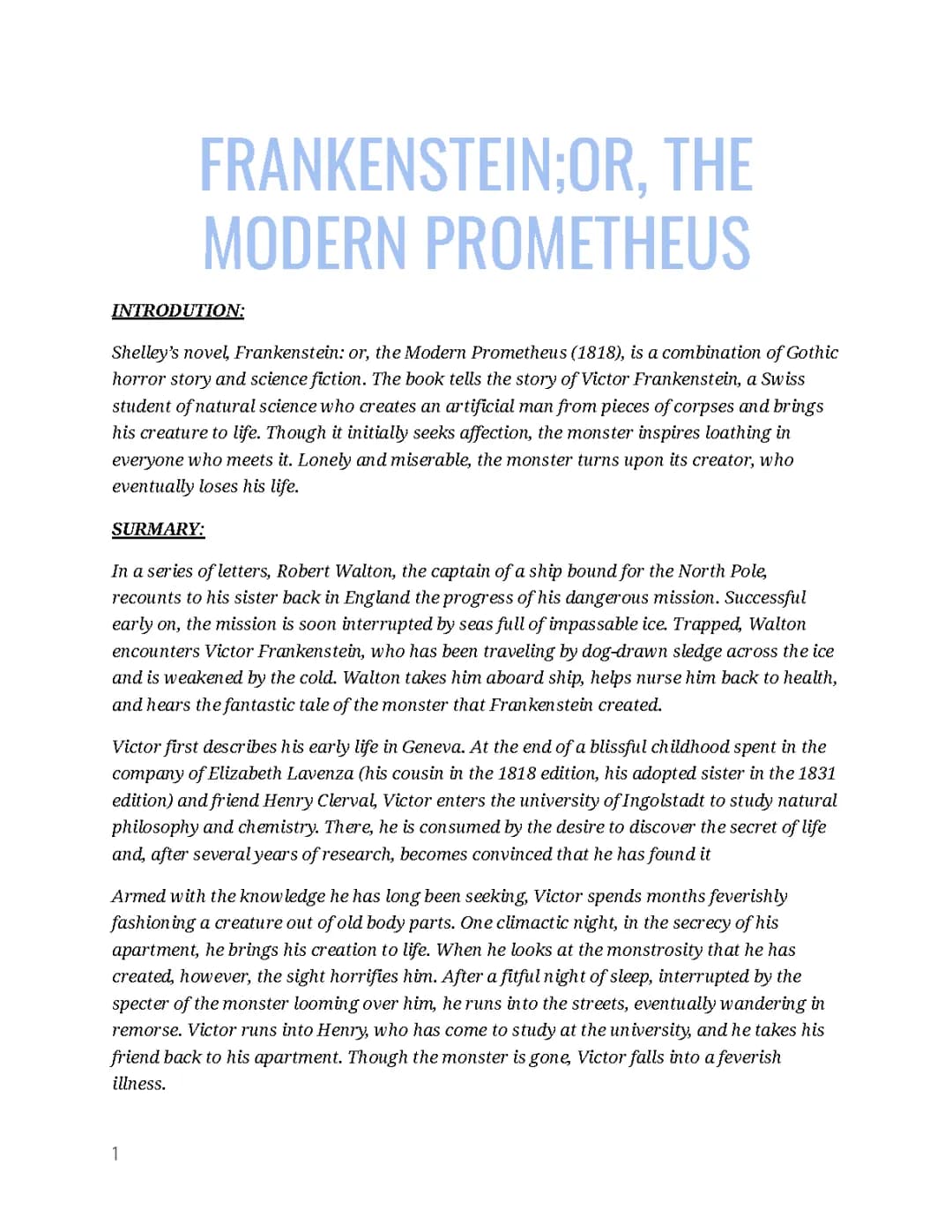 FRANKENSTEIN;OR, THE MODERN PROMETHEUS by M.Shelley 