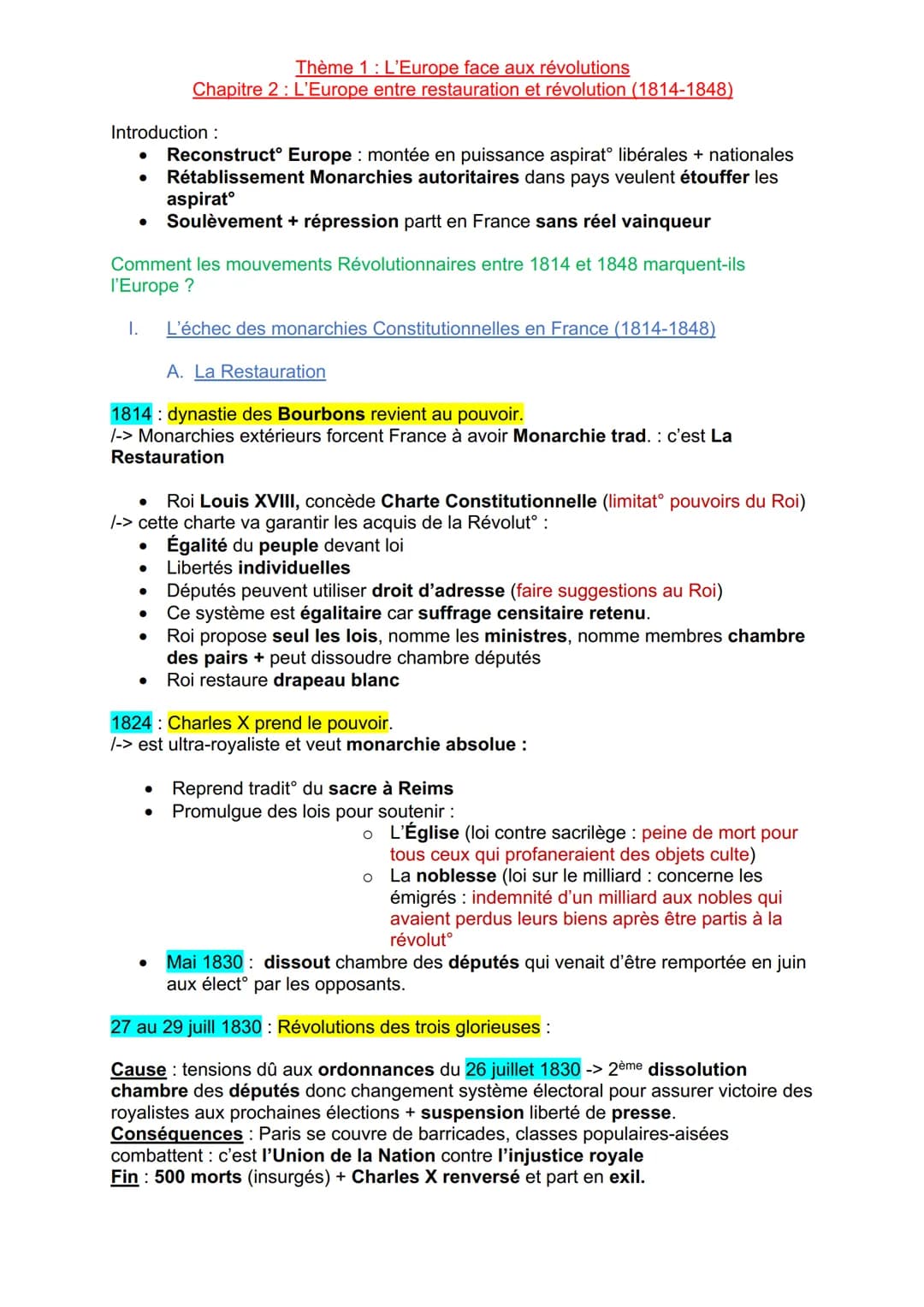 Introduction :
● Reconstruct Europe : montée en puissance aspiratº libérales + nationales
Rétablissement Monarchies autoritaires dans pays v