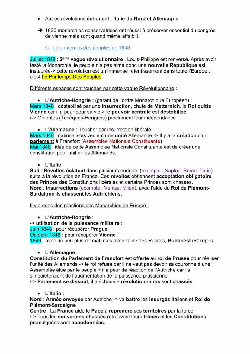 Introduction :
● Reconstruct Europe : montée en puissance aspiratº libérales + nationales
Rétablissement Monarchies autoritaires dans pays v