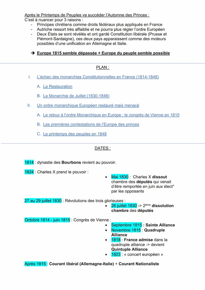 Introduction :
● Reconstruct Europe : montée en puissance aspiratº libérales + nationales
Rétablissement Monarchies autoritaires dans pays v