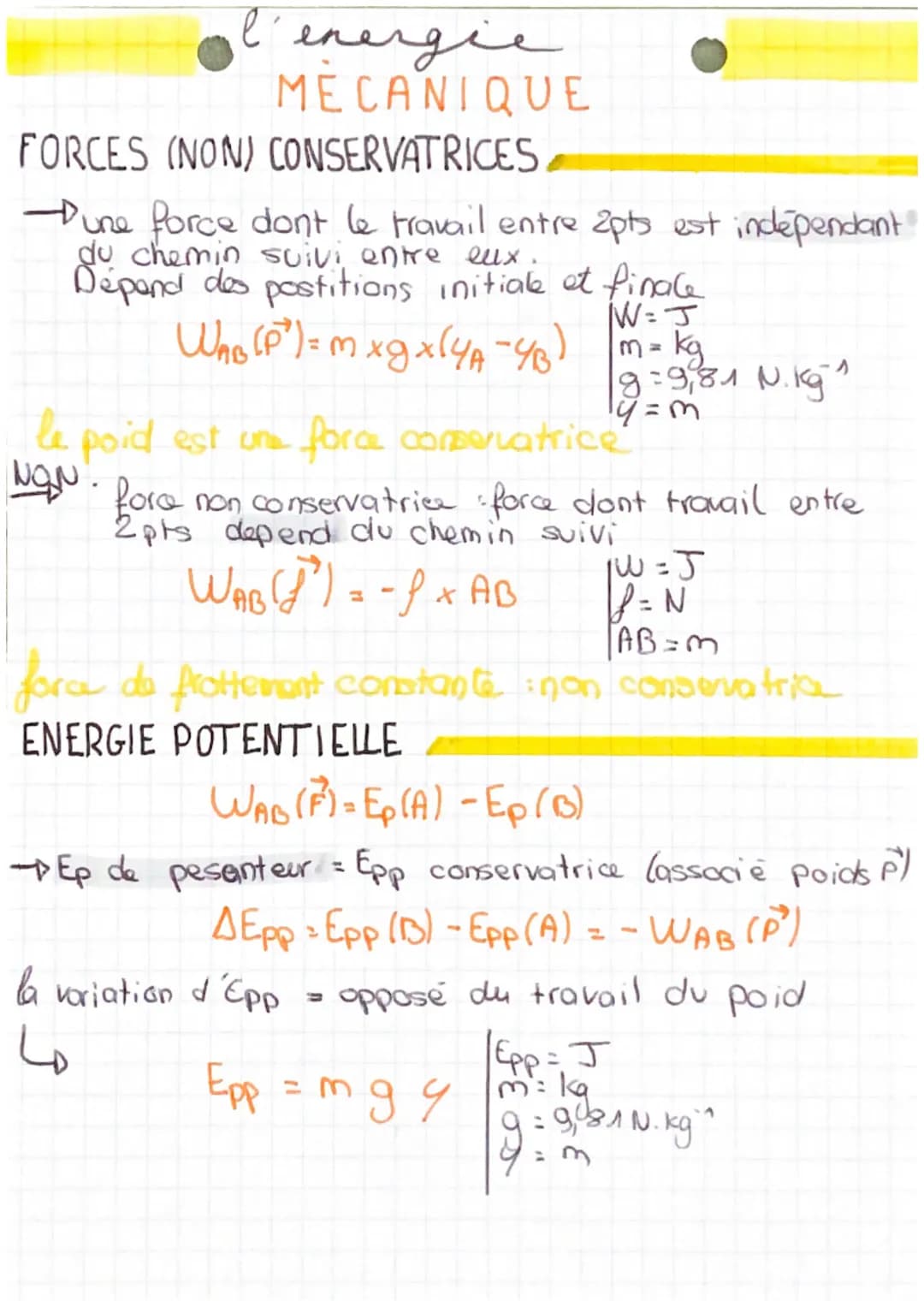 е
energie
MECANIQUE
FORCES (NON) CONSERVATRICES
Dune force dont le travail entre 2pts est independant!
du chemin suivi entre eux.
Dépend des