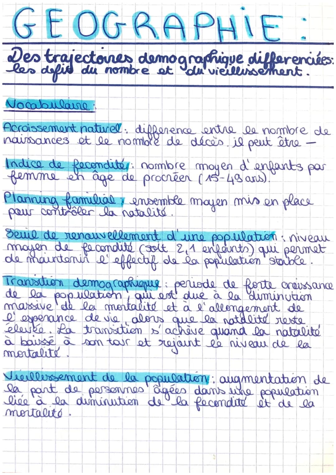 GEOGRAPHIE
Des trajectoires demographique differenciées:
les defis du nombre et du vieillissement.
Vocabulaire.
Acroissement naturel: differ