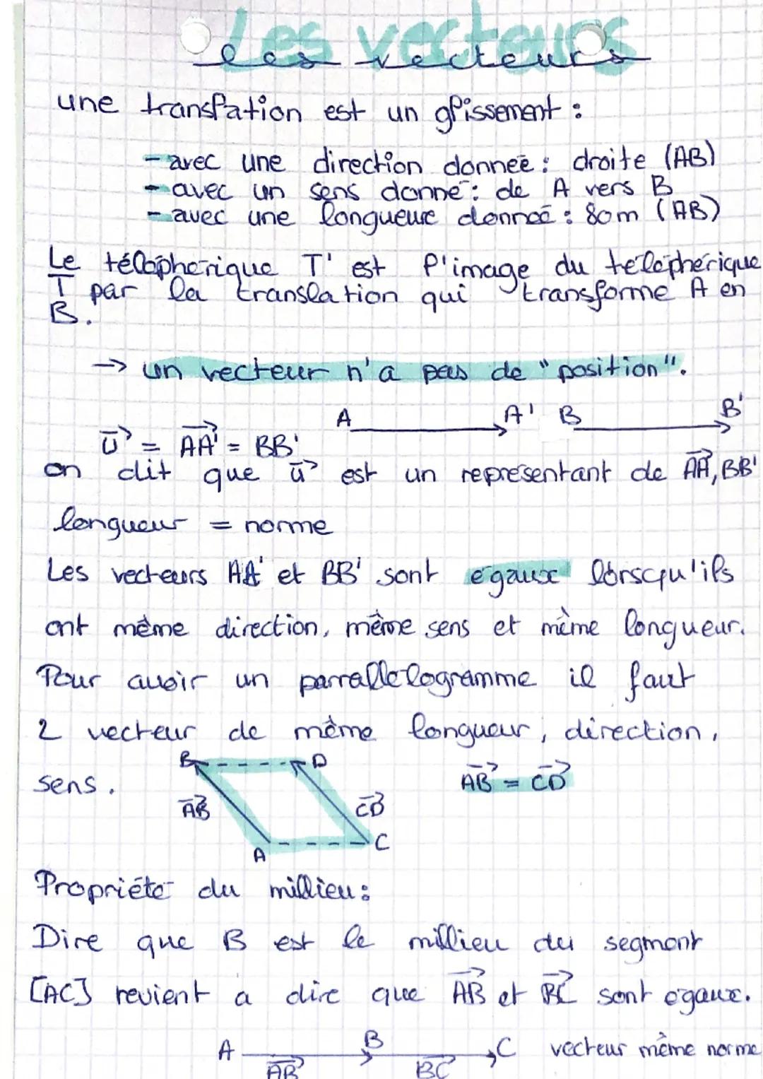 # les vecteurs

une transfation est un glissement :

- avec une direction donnee: droite (AB)
- avec un sens donné: de A vers B
- avec une l