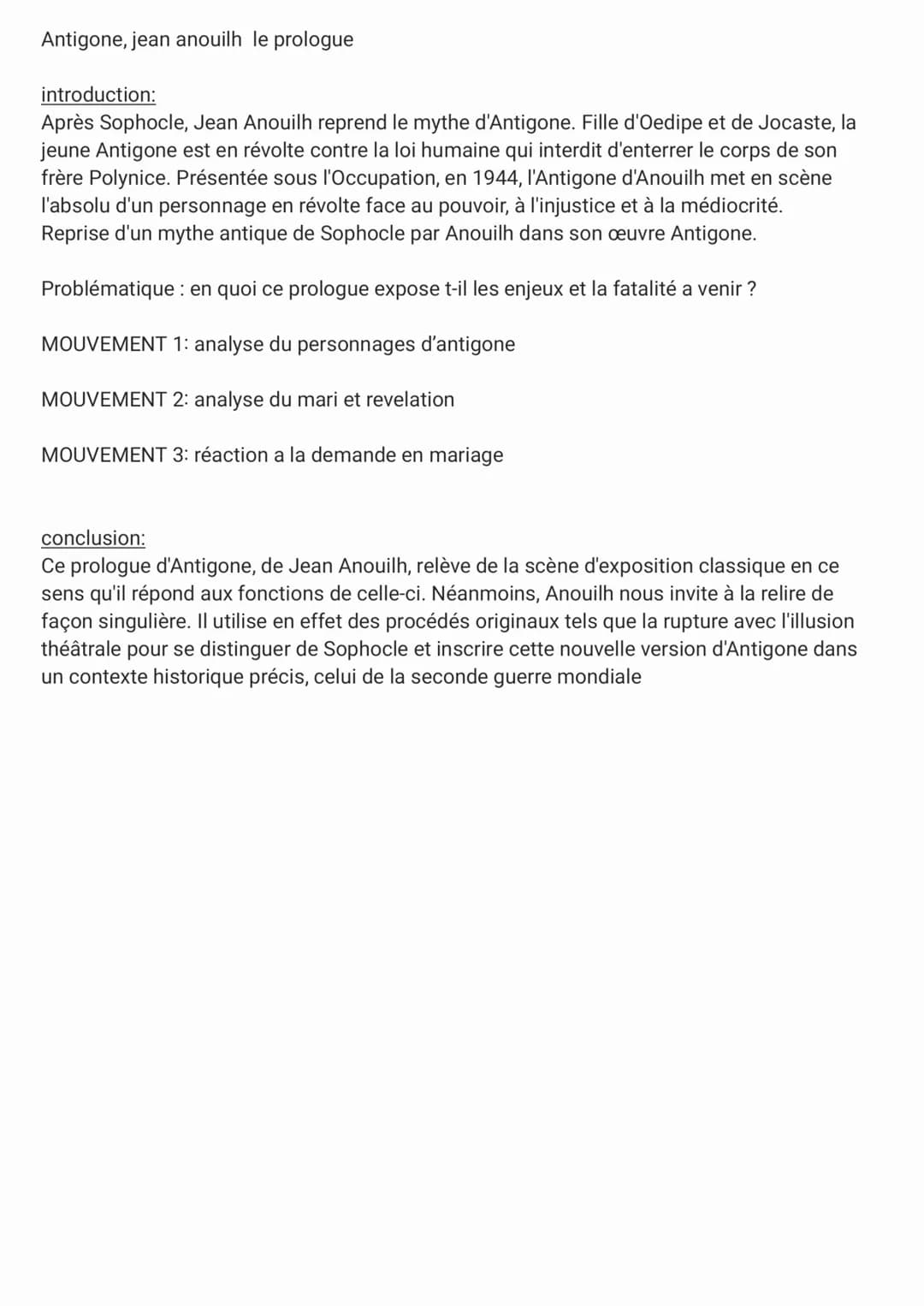 Antigone, jean anouilh le prologue
introduction:
Après Sophocle, Jean Anouilh reprend le mythe d'Antigone. Fille d'Oedipe et de Jocaste, la
