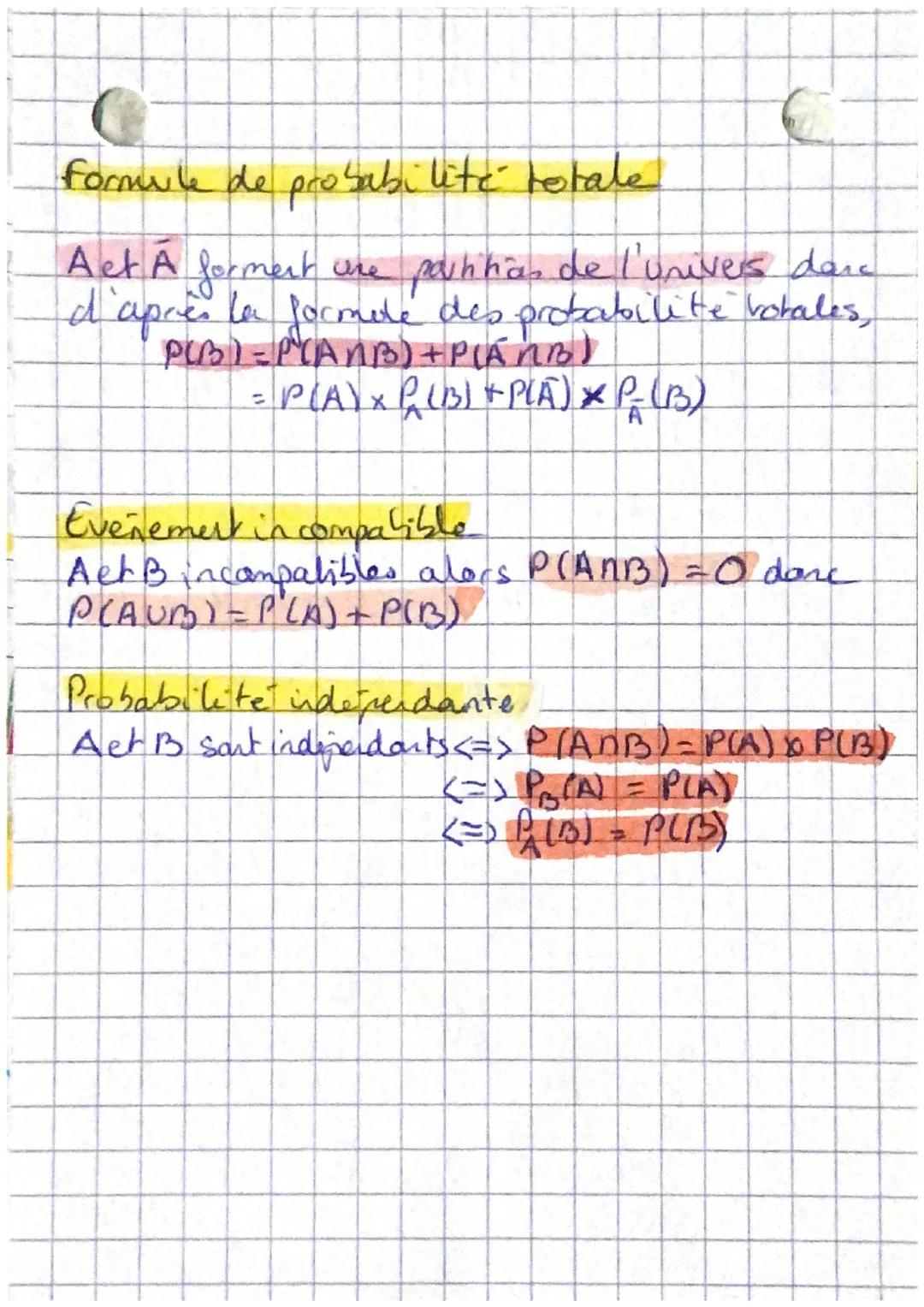 Probabilite
C
P(AUB) = P(A) + P(B) - P(ANB)
P(A) - 4-P(A)
P(B)= P(ANB)
P(A)
Probabilité d'une intersechal
S: PIA) 70 alors PIANB) = P(A) x P