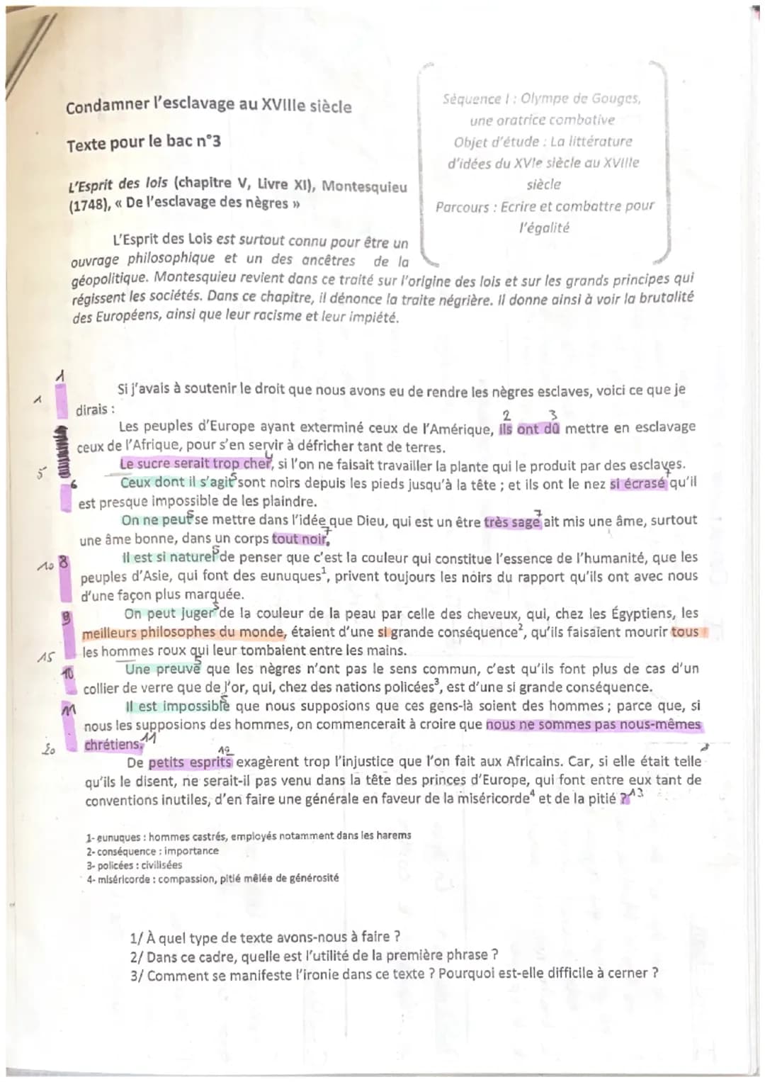 1
108
15
20
Condamner l'esclavage au XVIIIe siècle
Texte pour le bac n°3
L'Esprit des lois (chapitre V, Livre XI), Montesquieu
(1748), « De 