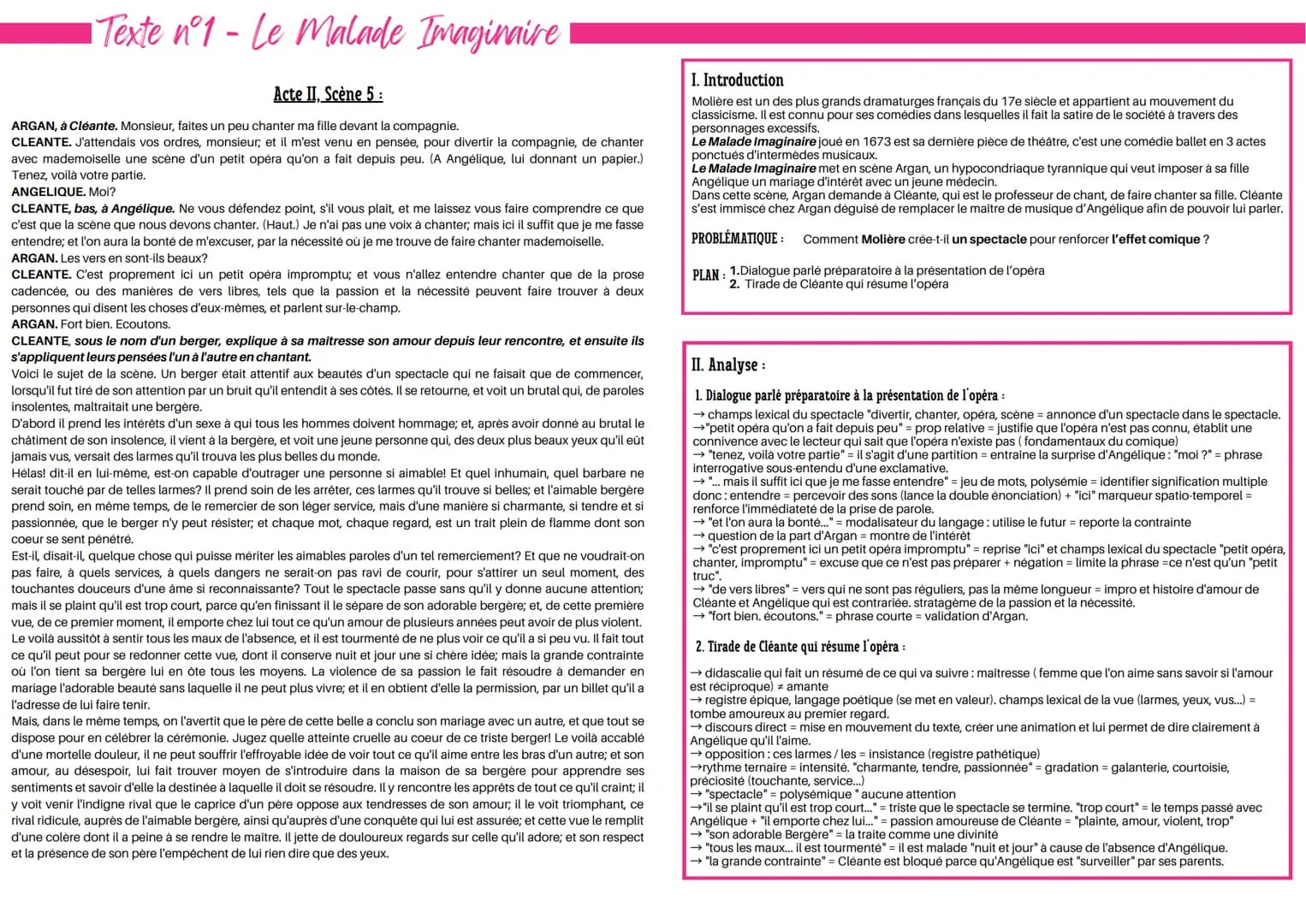 • Texte n°1 - Le Malade Imaginaire
Acte II, Scène 5:
ARGAN, à Cléante. Monsieur, faites un peu chanter ma fille devant la compagnie.
CLEANTE