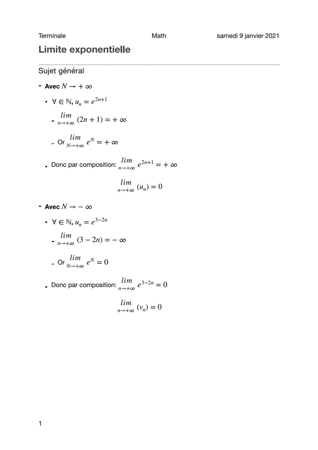 Terminale
Limite exponentielle
Sujet général
- Avec N→→ +∞
1
.
VEN, un = e
lim
n→+∞
e²n+1
(2n + 1) = + ∞
lim
Or eN = +∞
N→ +∞
Donc par compo