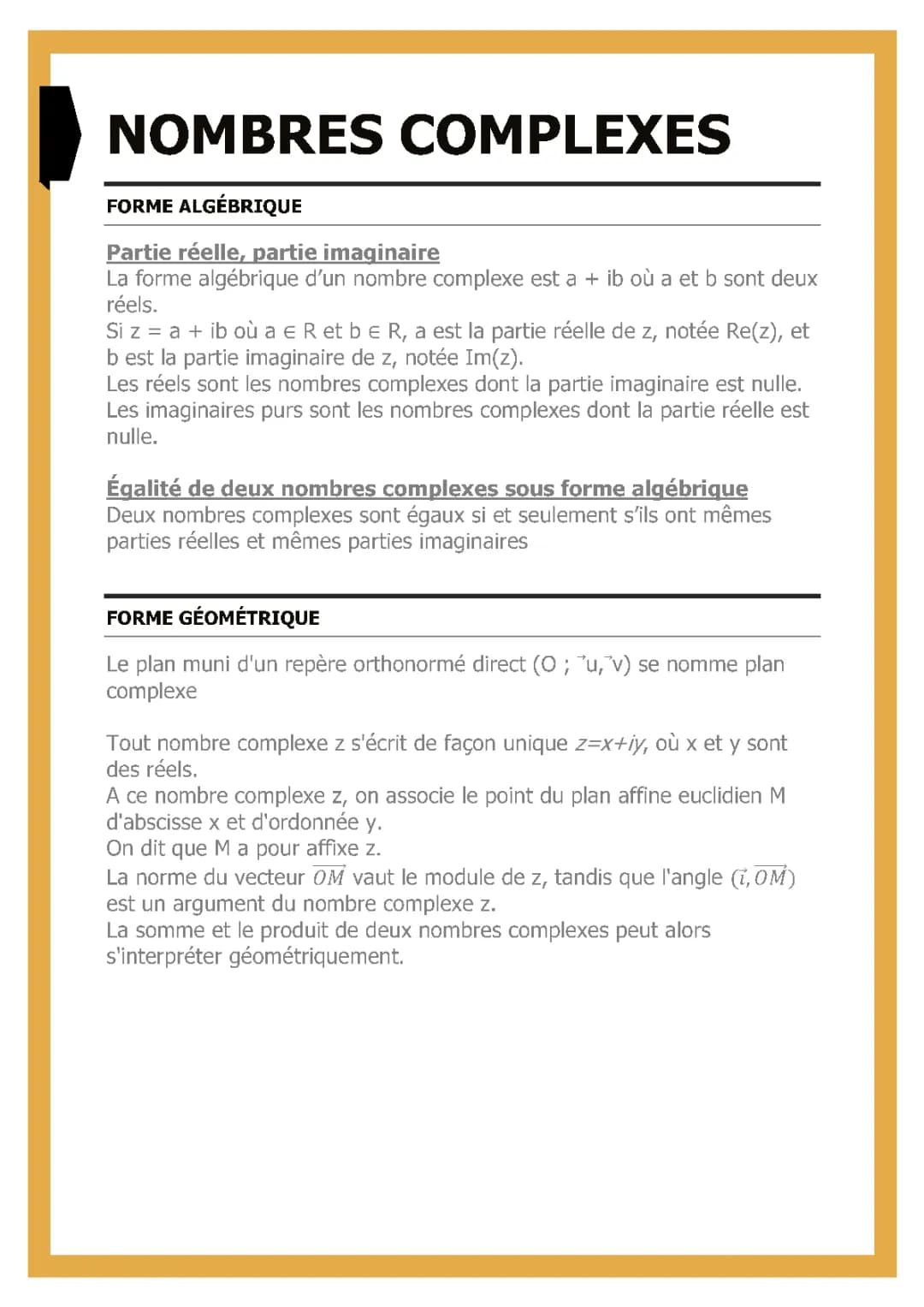 Nombres complexes de forme géométriques et algébriques