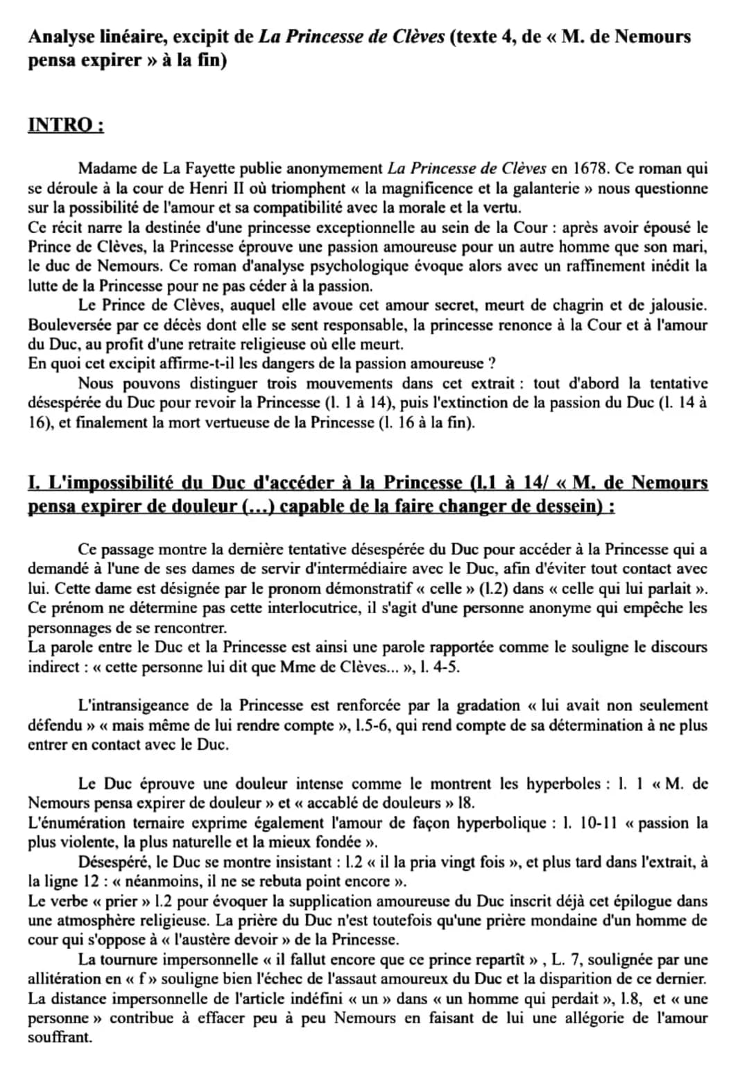 Analyse linéaire, excipit de La Princesse de Clèves (texte 4, de « M. de Nemours
pensa expirer » à la fin)
INTRO:
Madame de La Fayette publi