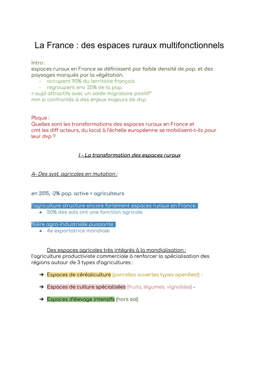 La France : des espaces ruraux multifonctionnels
Intro :
espaces ruraux en France se définissent par faible densité de pop. et des
paysages 