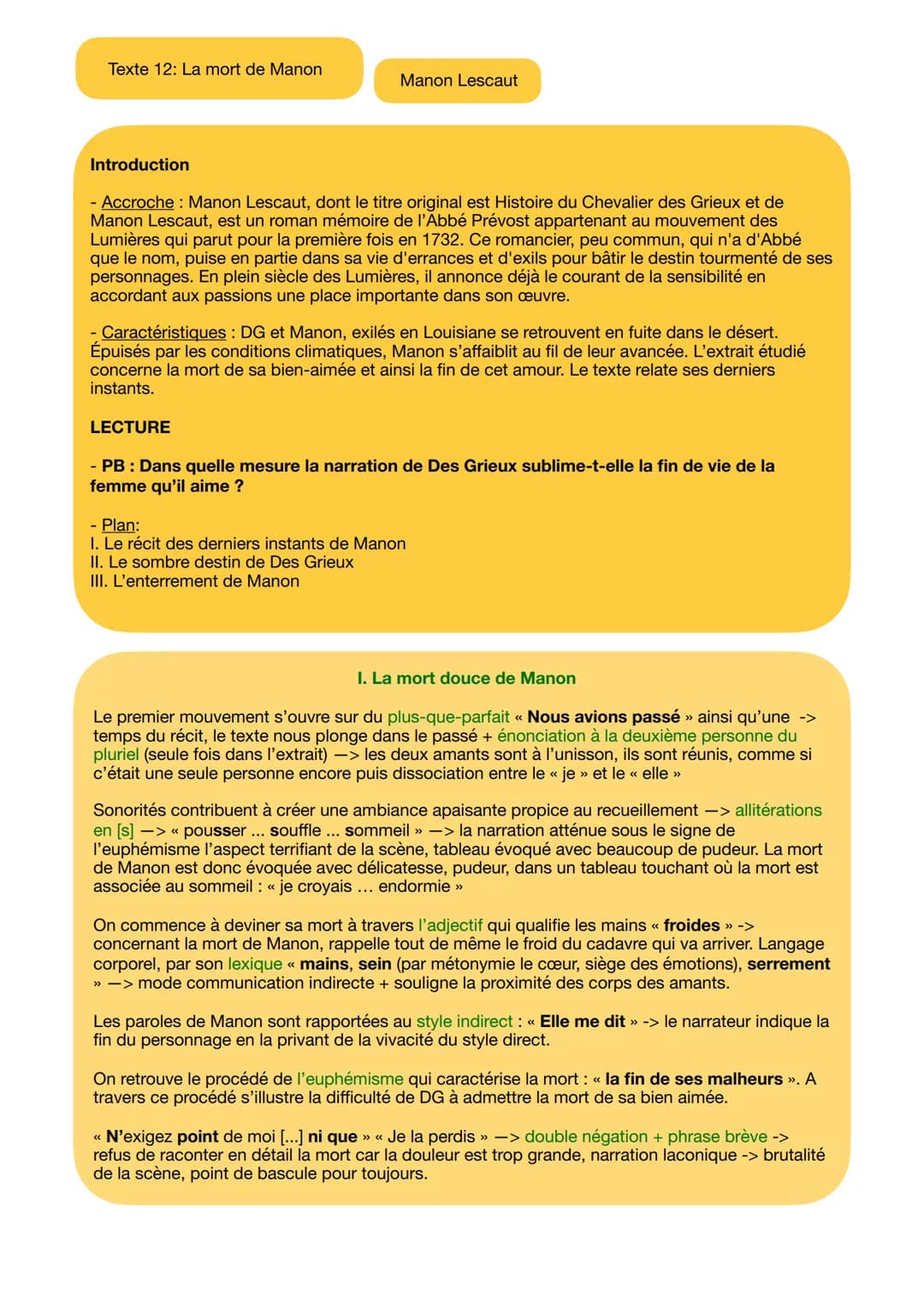 Texte 12: La mort de Manon
Manon Lescaut
Introduction
- Accroche : Manon Lescaut, dont le titre original est Histoire du Chevalier des Grieu