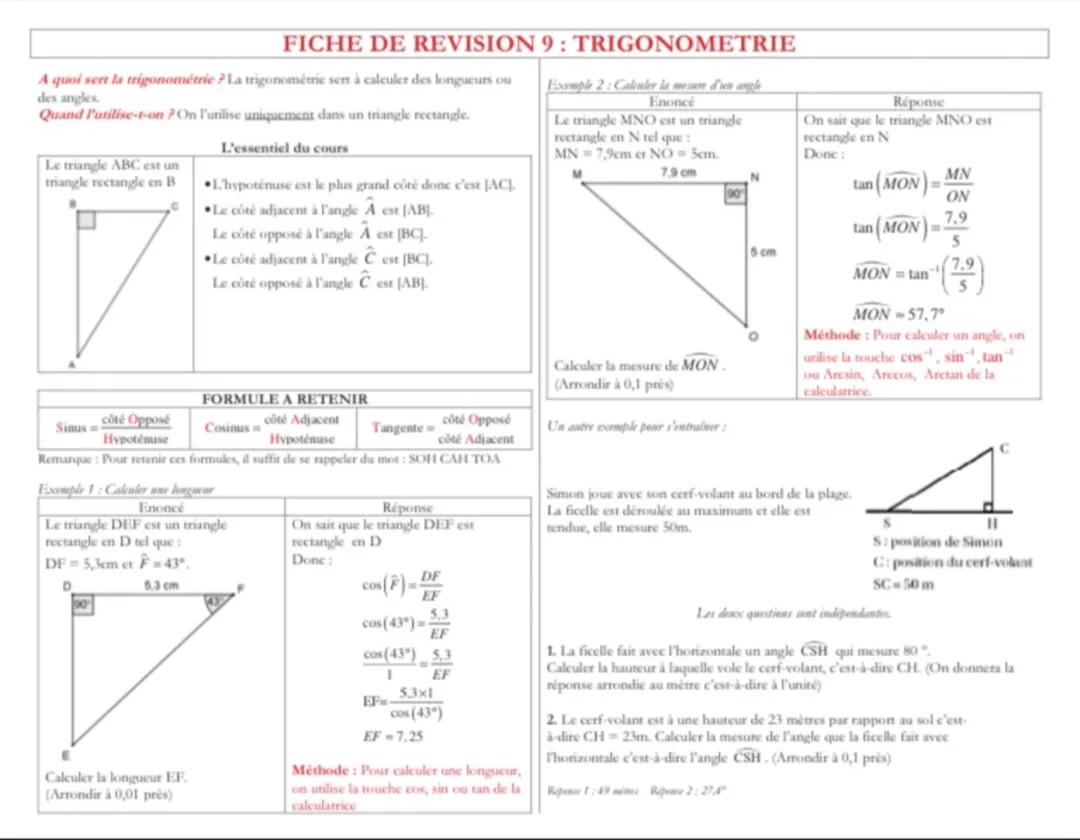 Fiche de Révision Trigonométrie 3ème - Calcul Longueurs et Angles