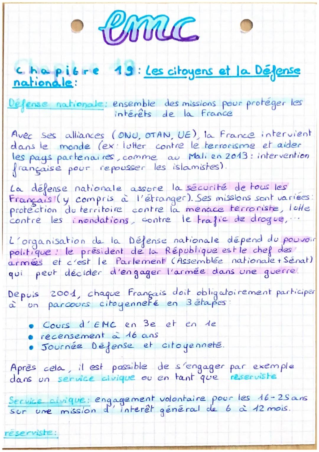 • emc

chapitre 19: Les citoyens et la Défense
nationale:

Défense nationale: ensemble des missions pour protéger les
intérêts de la France
